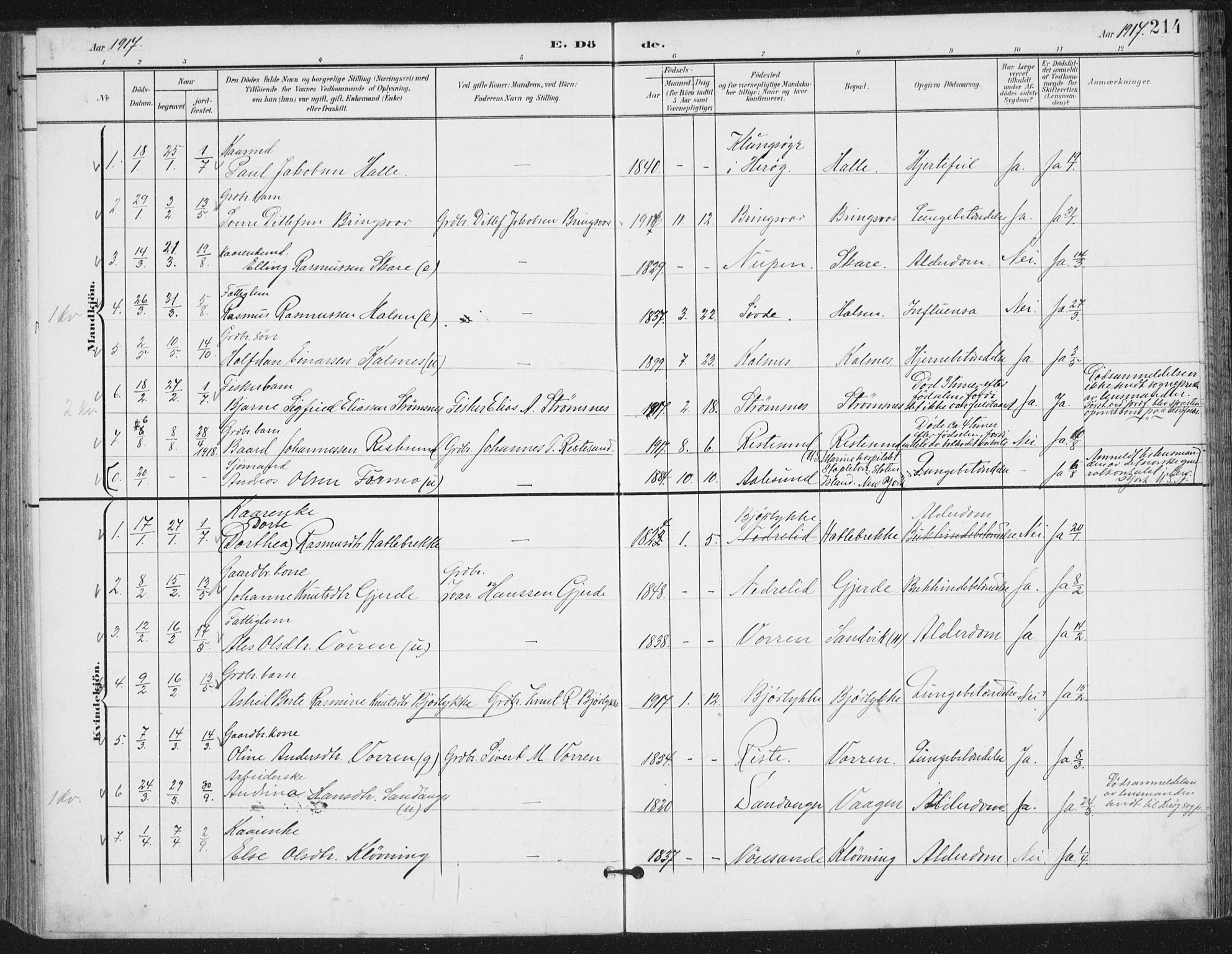 Ministerialprotokoller, klokkerbøker og fødselsregistre - Møre og Romsdal, AV/SAT-A-1454/503/L0038: Parish register (official) no. 503A06, 1901-1917, p. 214