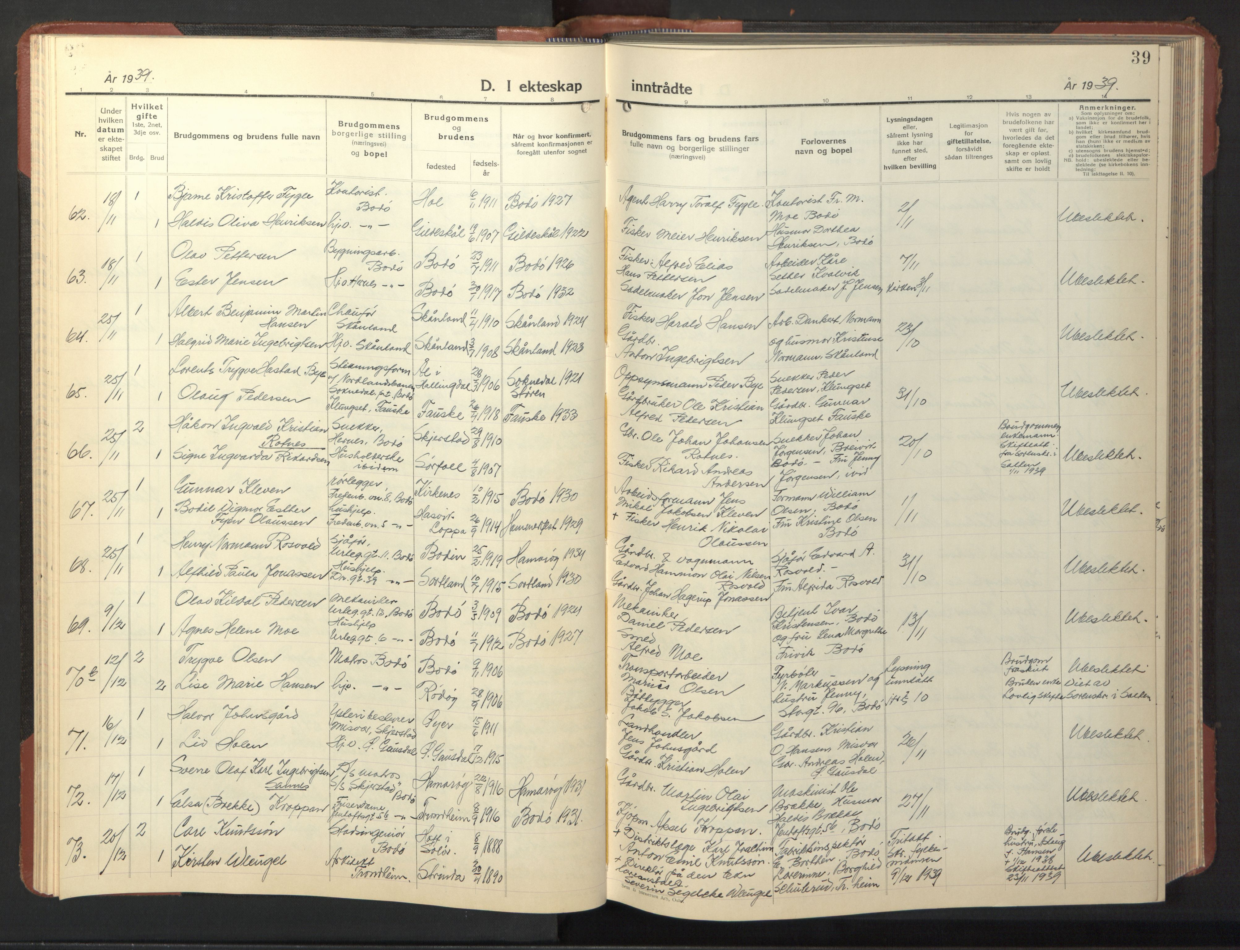 Ministerialprotokoller, klokkerbøker og fødselsregistre - Nordland, SAT/A-1459/801/L0038: Parish register (copy) no. 801C13, 1935-1951, p. 39