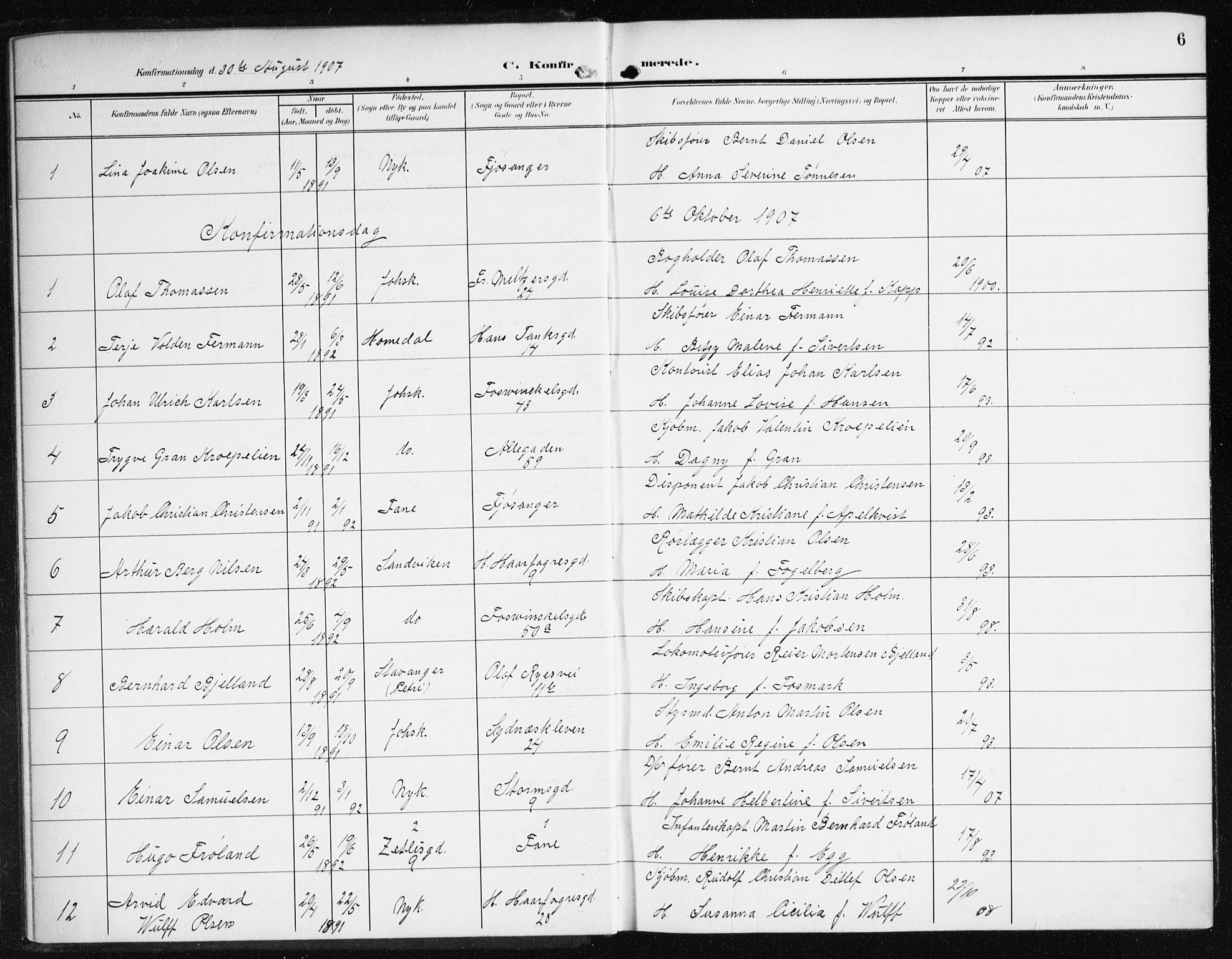 Johanneskirken sokneprestembete, AV/SAB-A-76001/H/Haa/L0009: Parish register (official) no. C 2, 1907-1924, p. 6