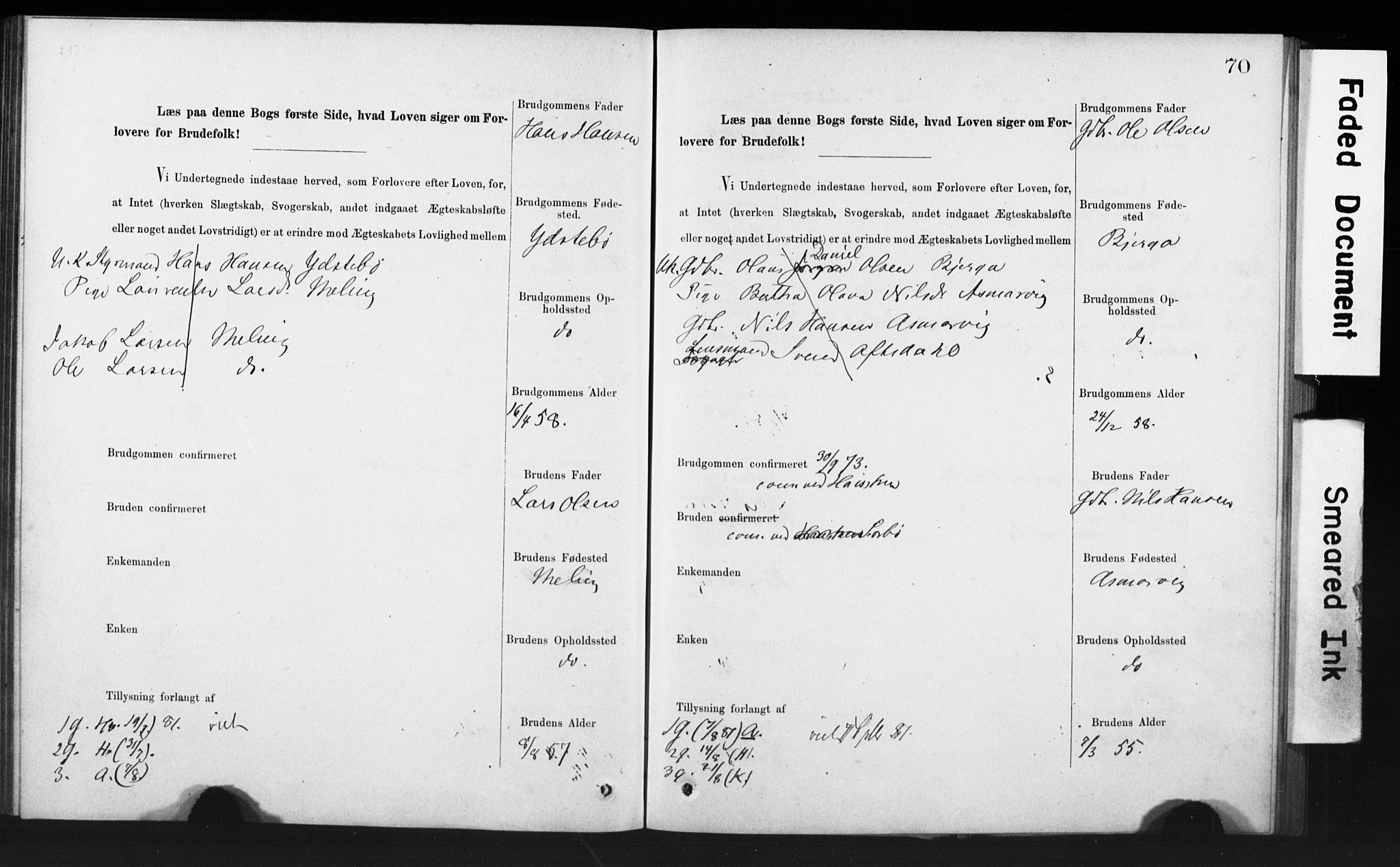 Rennesøy sokneprestkontor, SAST/A -101827/I/Ie/L0001: Banns register no. 1, 1873-1898, p. 70