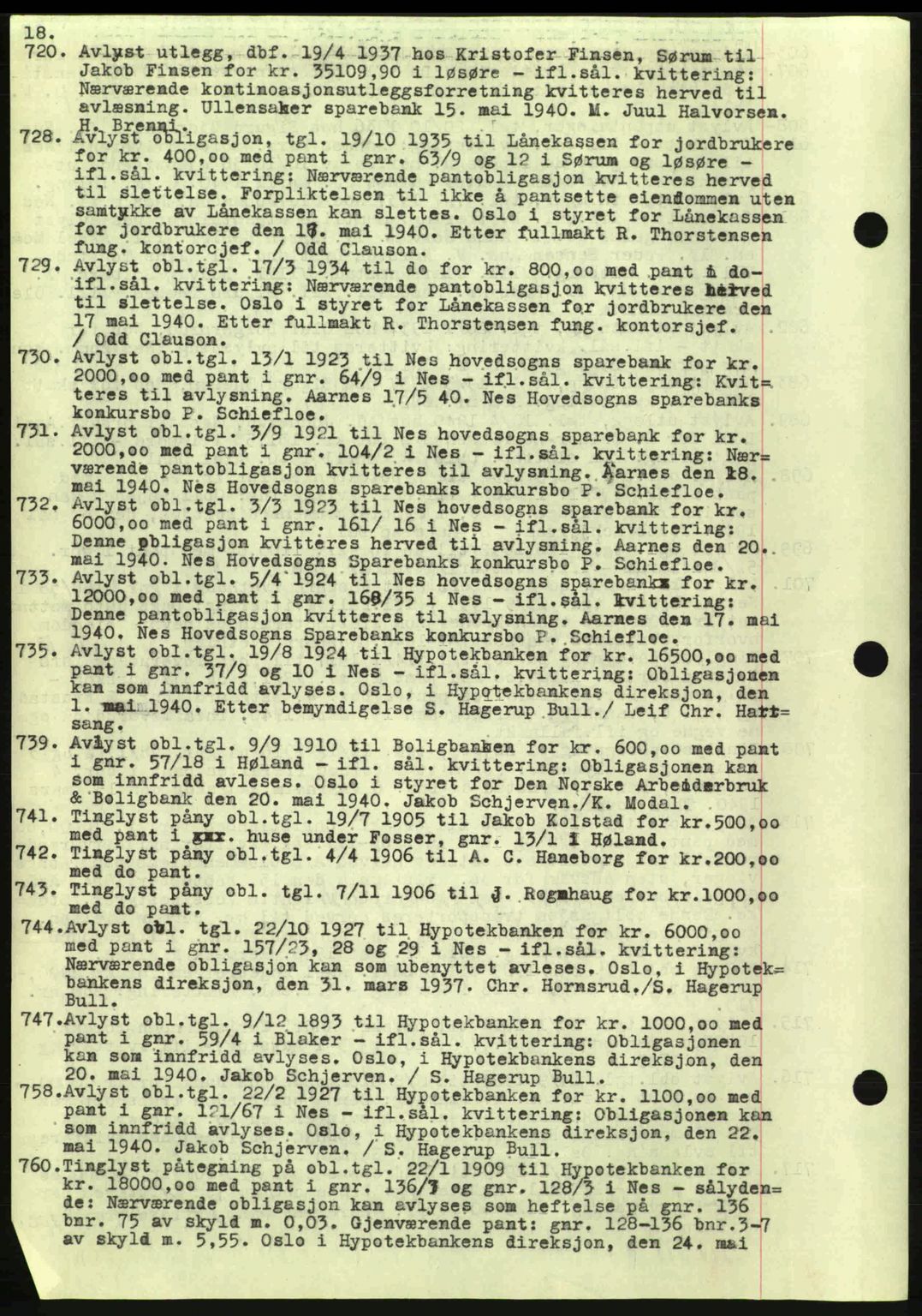 Nes tingrett, SAO/A-10548/G/Gb/Gbb/L0010: Mortgage book no. 54, 1939-1940, Diary no: : 720/1940