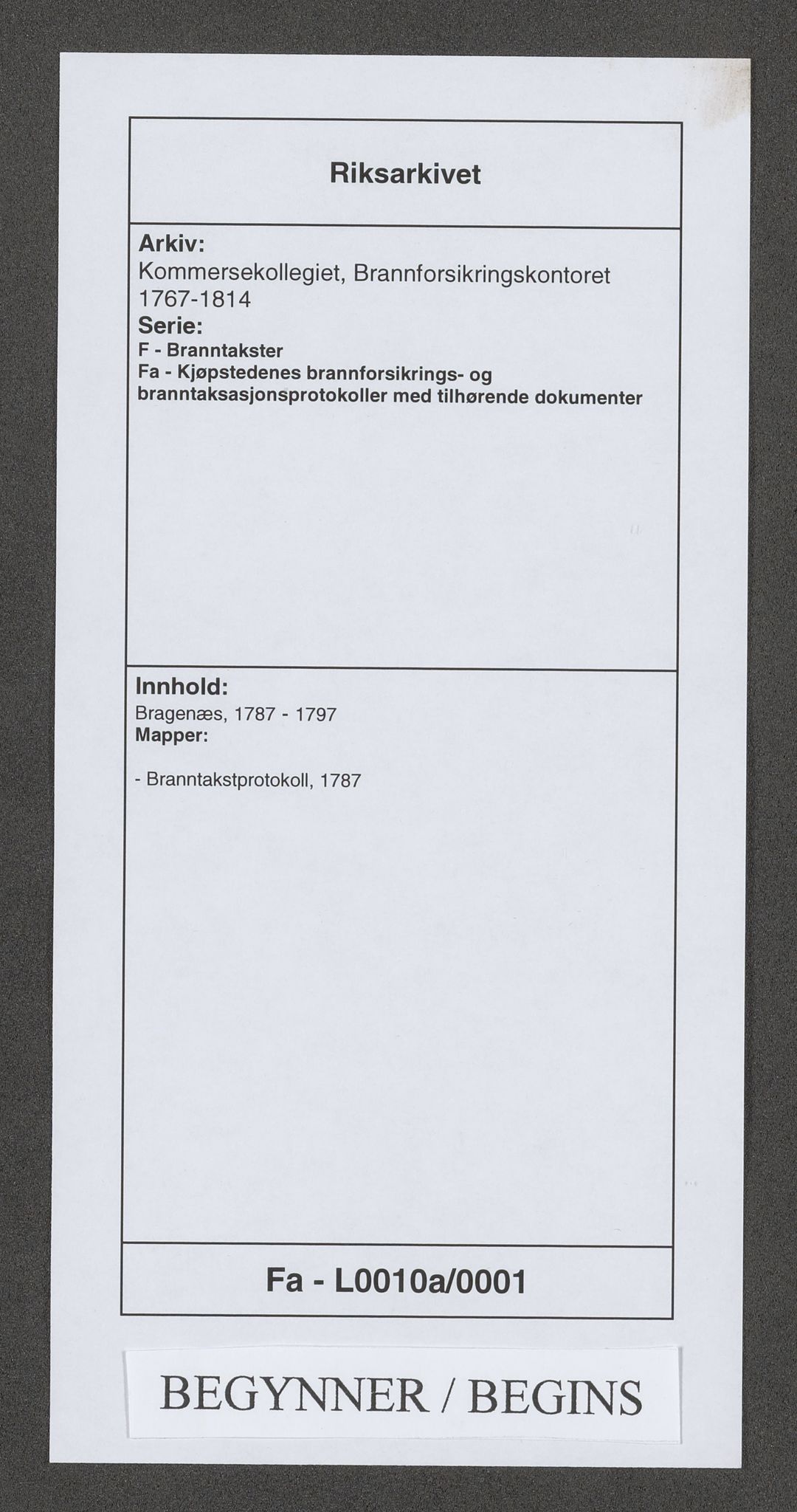 Kommersekollegiet, Brannforsikringskontoret 1767-1814, AV/RA-EA-5458/F/Fa/L0010a/0001: Bragernes / Branntakstprotokoll, 1787