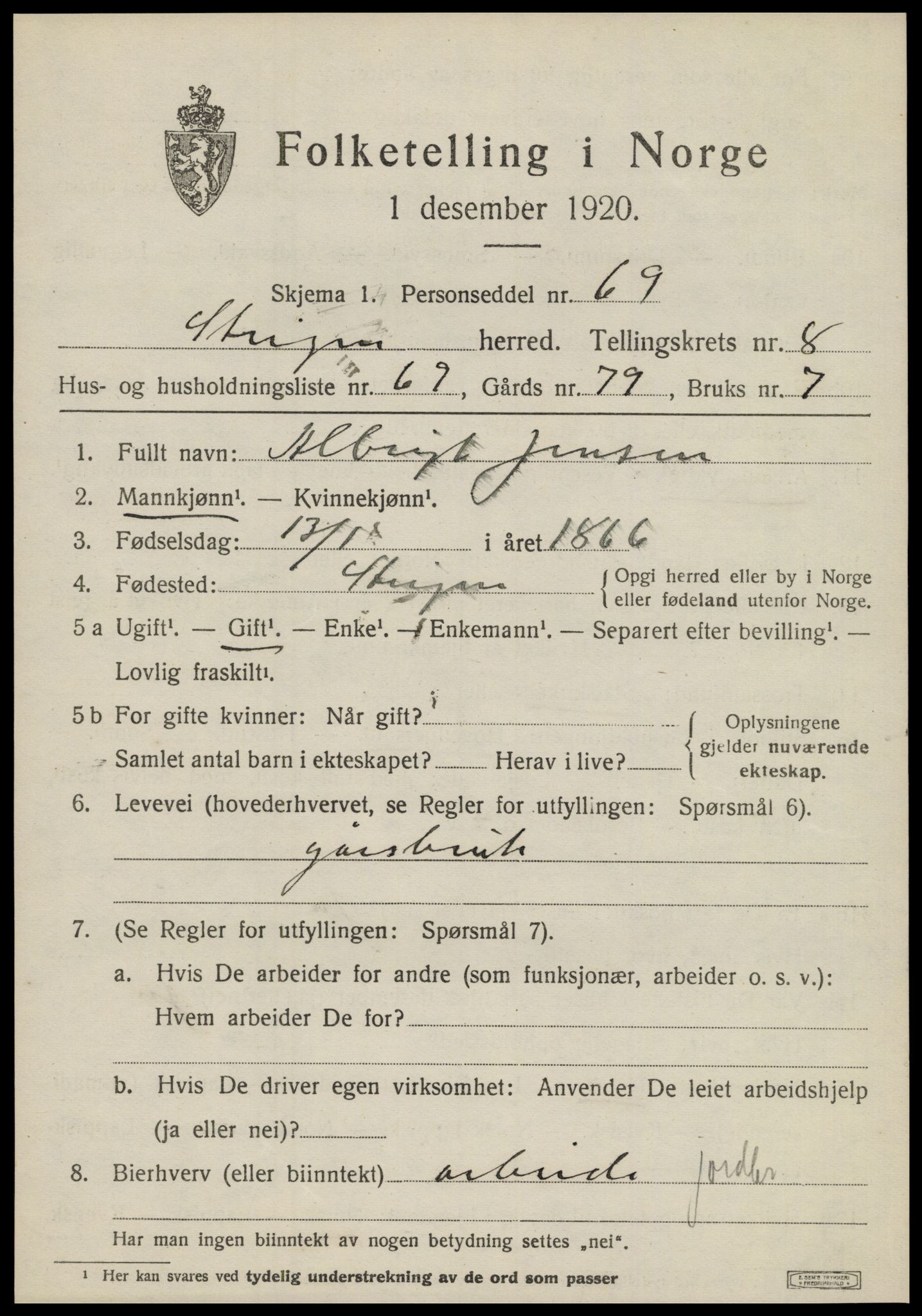 SAT, 1920 census for Steigen, 1920, p. 3892