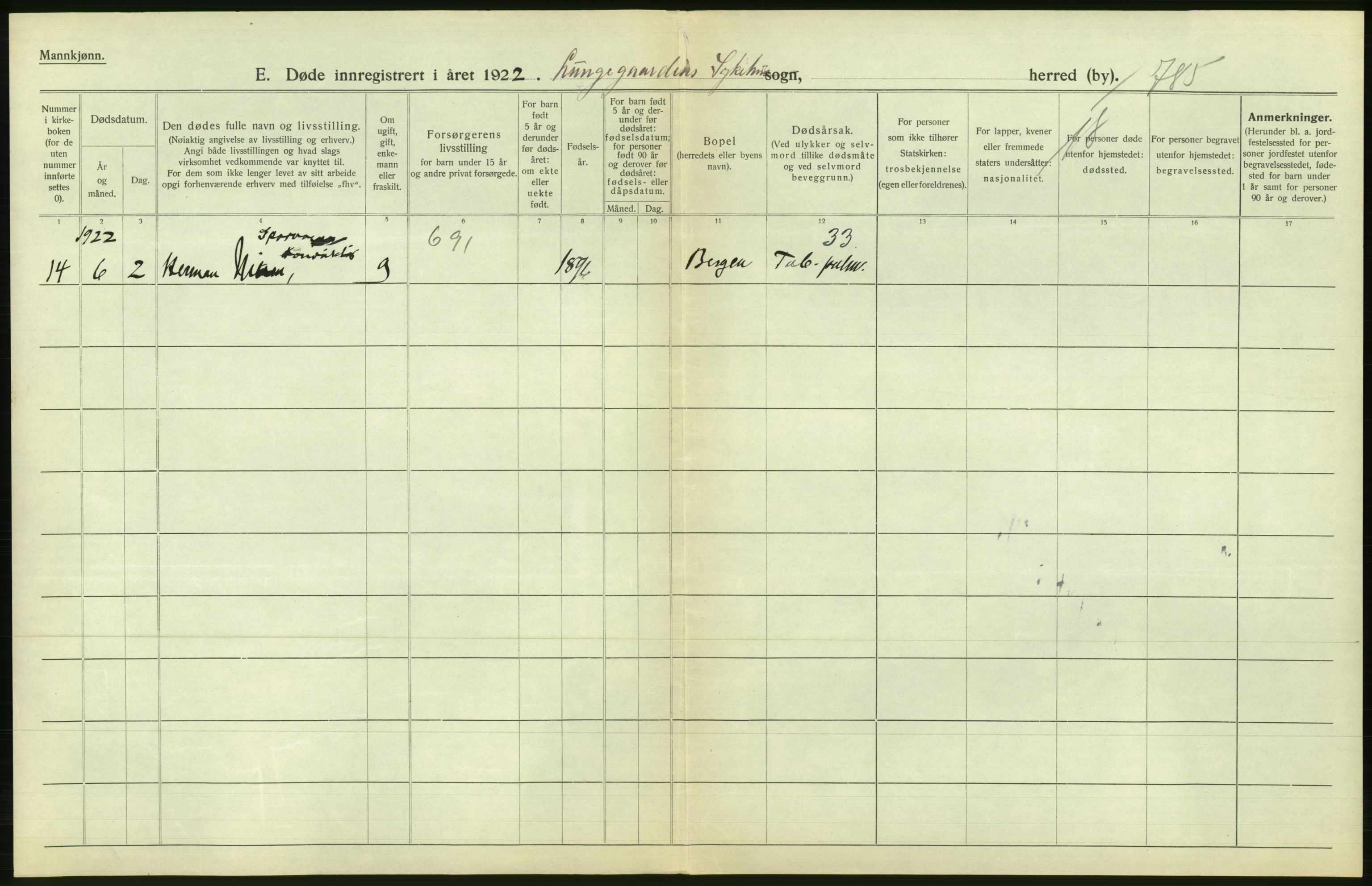 Statistisk sentralbyrå, Sosiodemografiske emner, Befolkning, AV/RA-S-2228/D/Df/Dfc/Dfcb/L0030: Bergen: Gifte, døde, dødfødte., 1922, p. 378