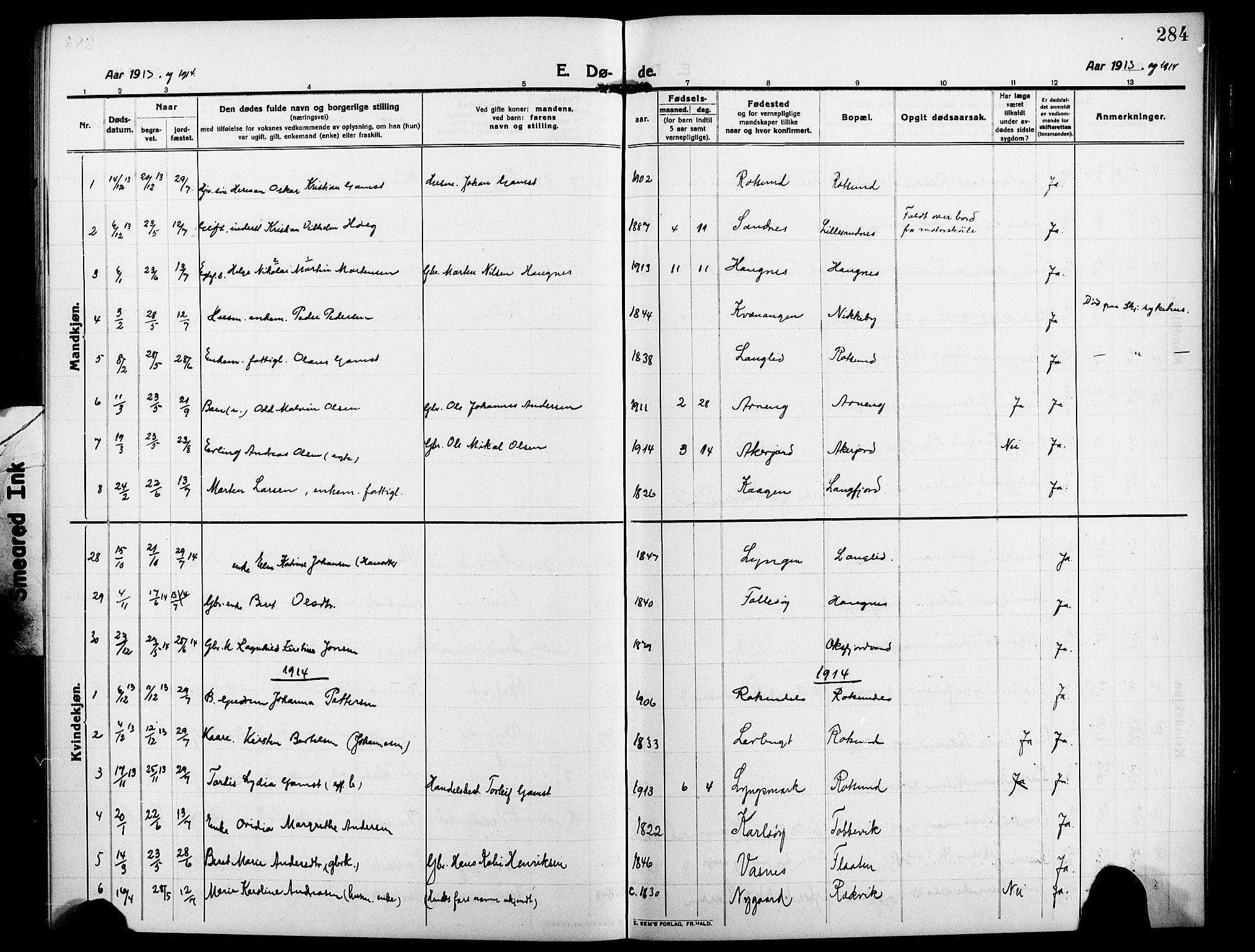 Skjervøy sokneprestkontor, AV/SATØ-S-1300/H/Ha/Hab/L0009klokker: Parish register (copy) no. 9, 1911-1926, p. 284