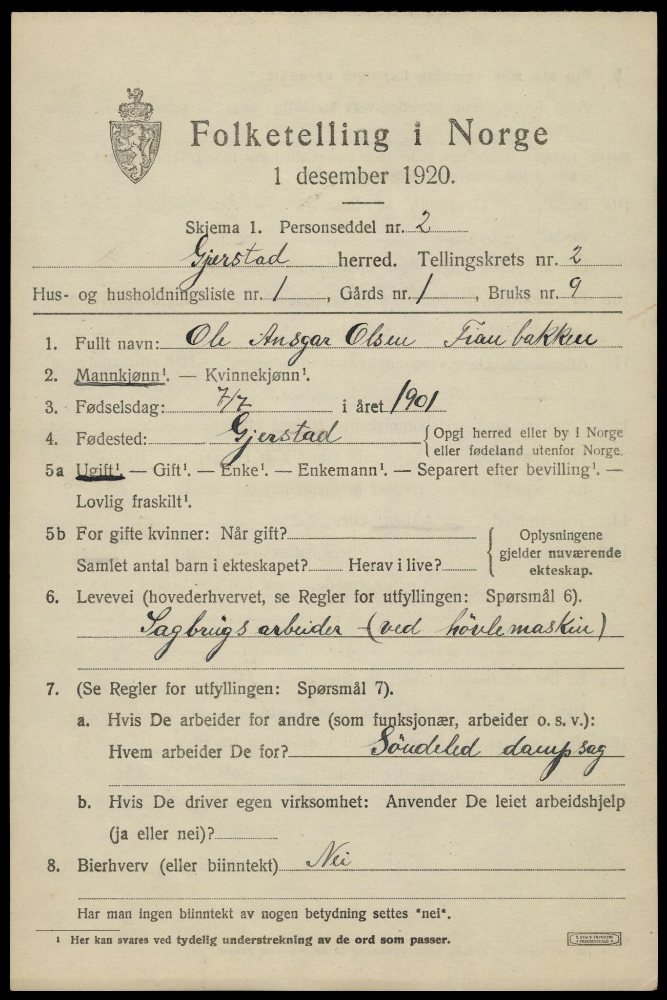 SAK, 1920 census for Gjerstad, 1920, p. 1441