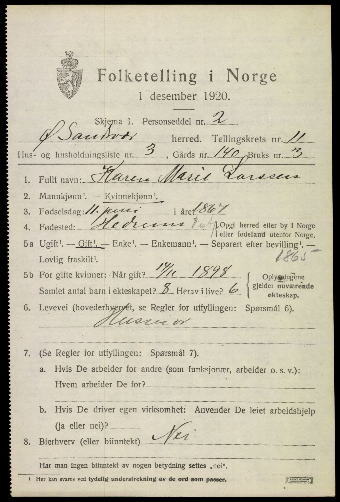 SAKO, 1920 census for Øvre Sandsvær, 1920, p. 5750