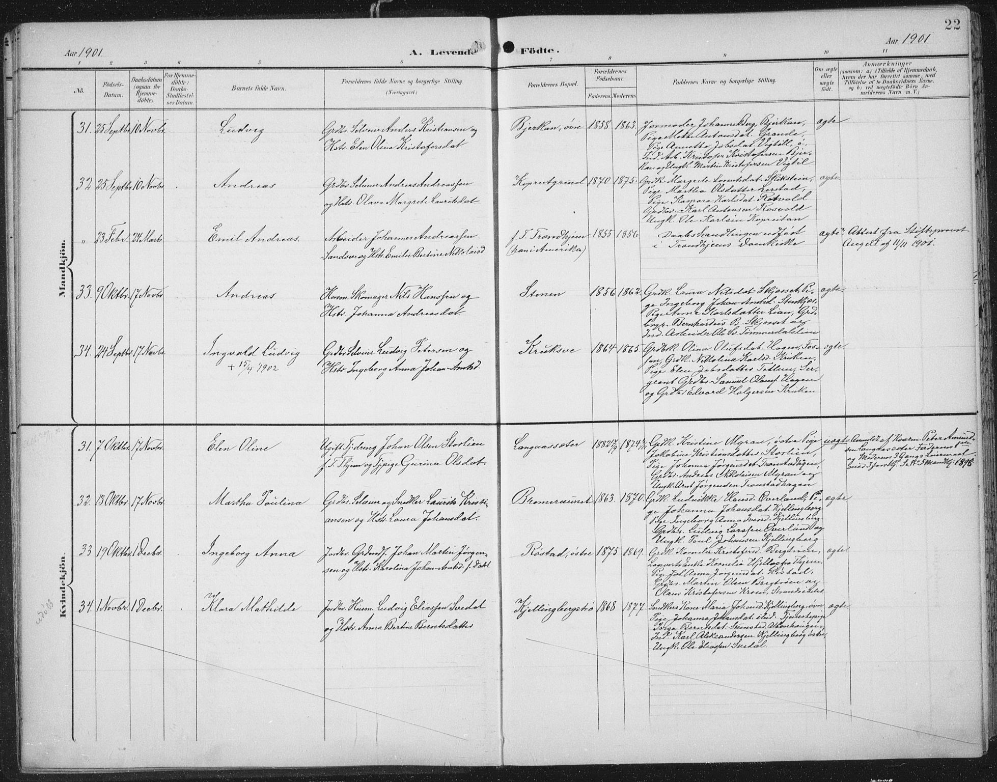 Ministerialprotokoller, klokkerbøker og fødselsregistre - Nord-Trøndelag, SAT/A-1458/701/L0011: Parish register (official) no. 701A11, 1899-1915, p. 22