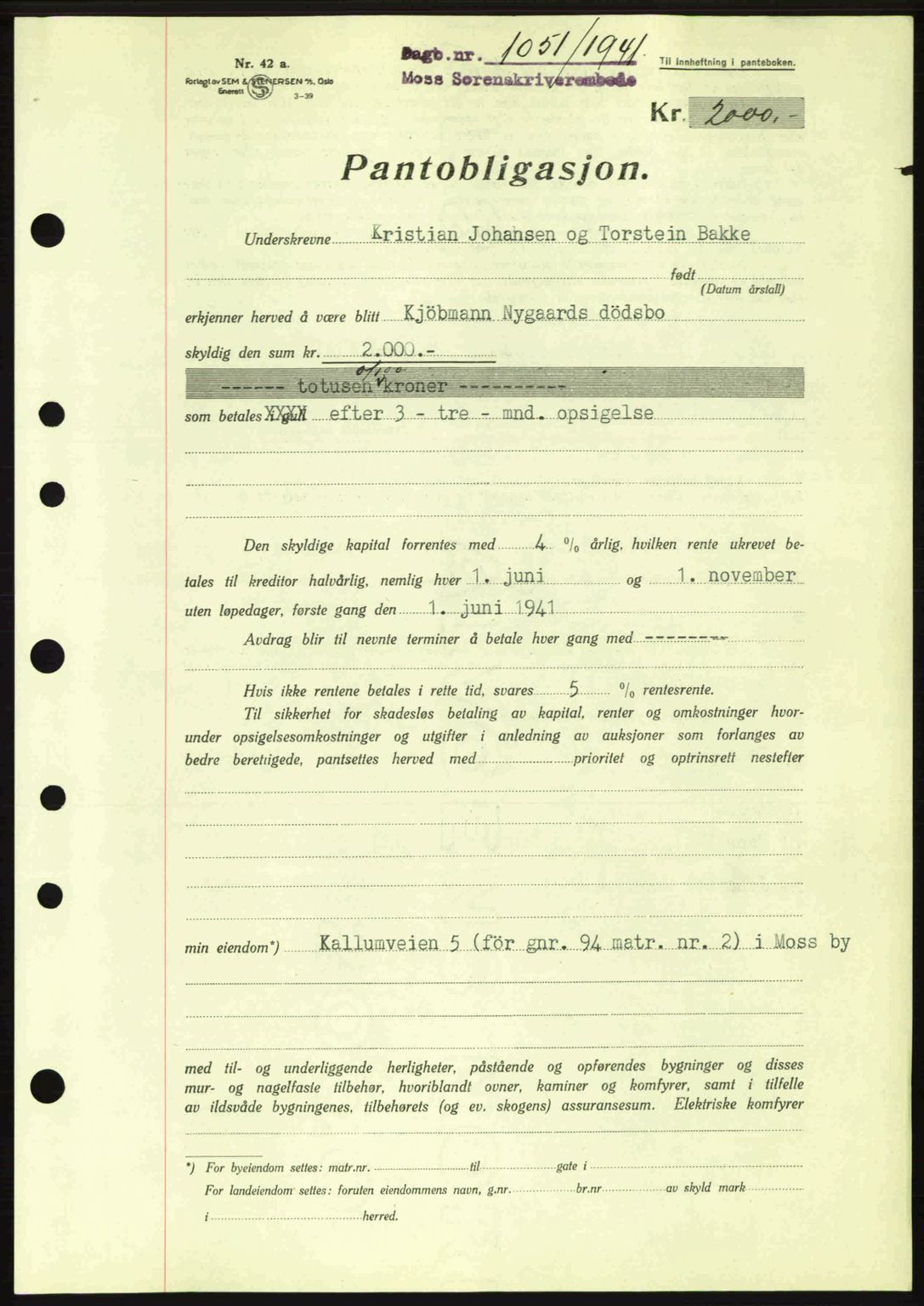 Moss sorenskriveri, SAO/A-10168: Mortgage book no. B10, 1940-1941, Diary no: : 1051/1941