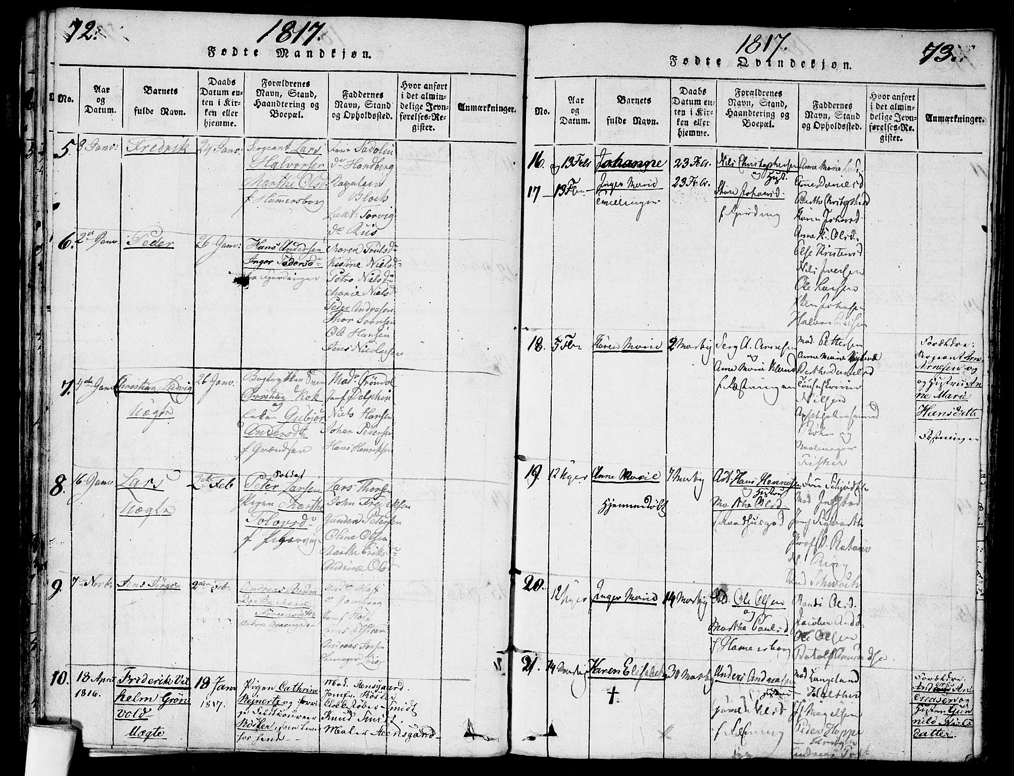 Garnisonsmenigheten Kirkebøker, AV/SAO-A-10846/G/Ga/L0003: Parish register (copy) no. 3, 1815-1819, p. 72-73