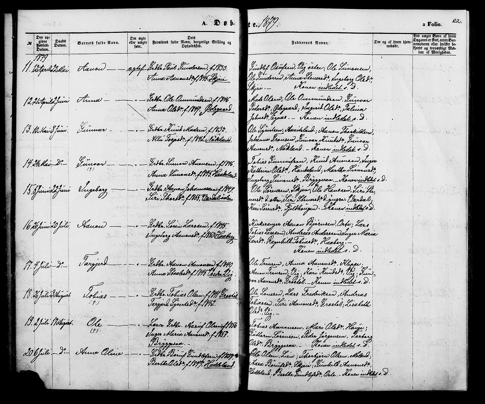 Hægebostad sokneprestkontor, SAK/1111-0024/F/Fa/Fab/L0003: Parish register (official) no. A 3, 1872-1886, p. 22