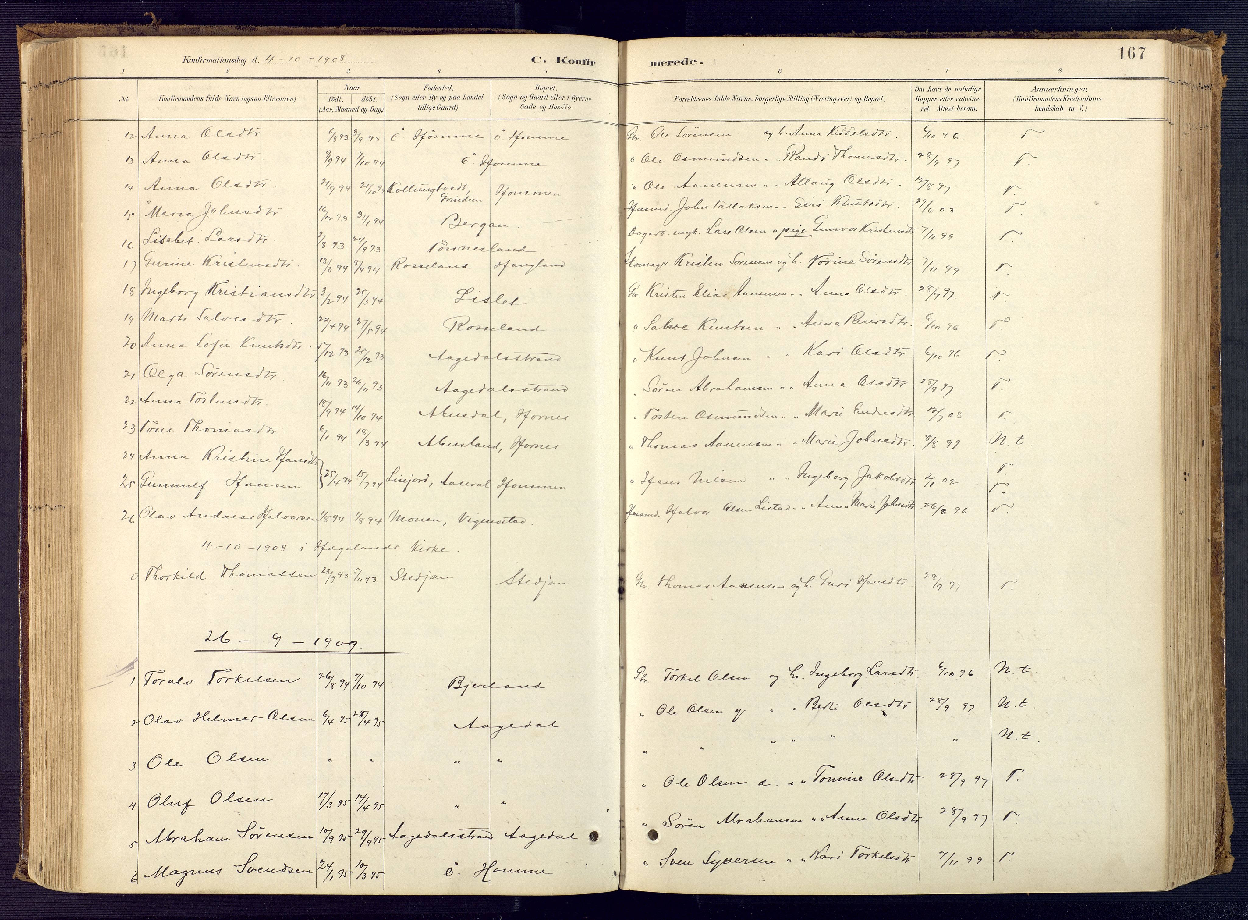 Bjelland sokneprestkontor, SAK/1111-0005/F/Fa/Faa/L0004: Parish register (official) no. A 4, 1887-1923, p. 167