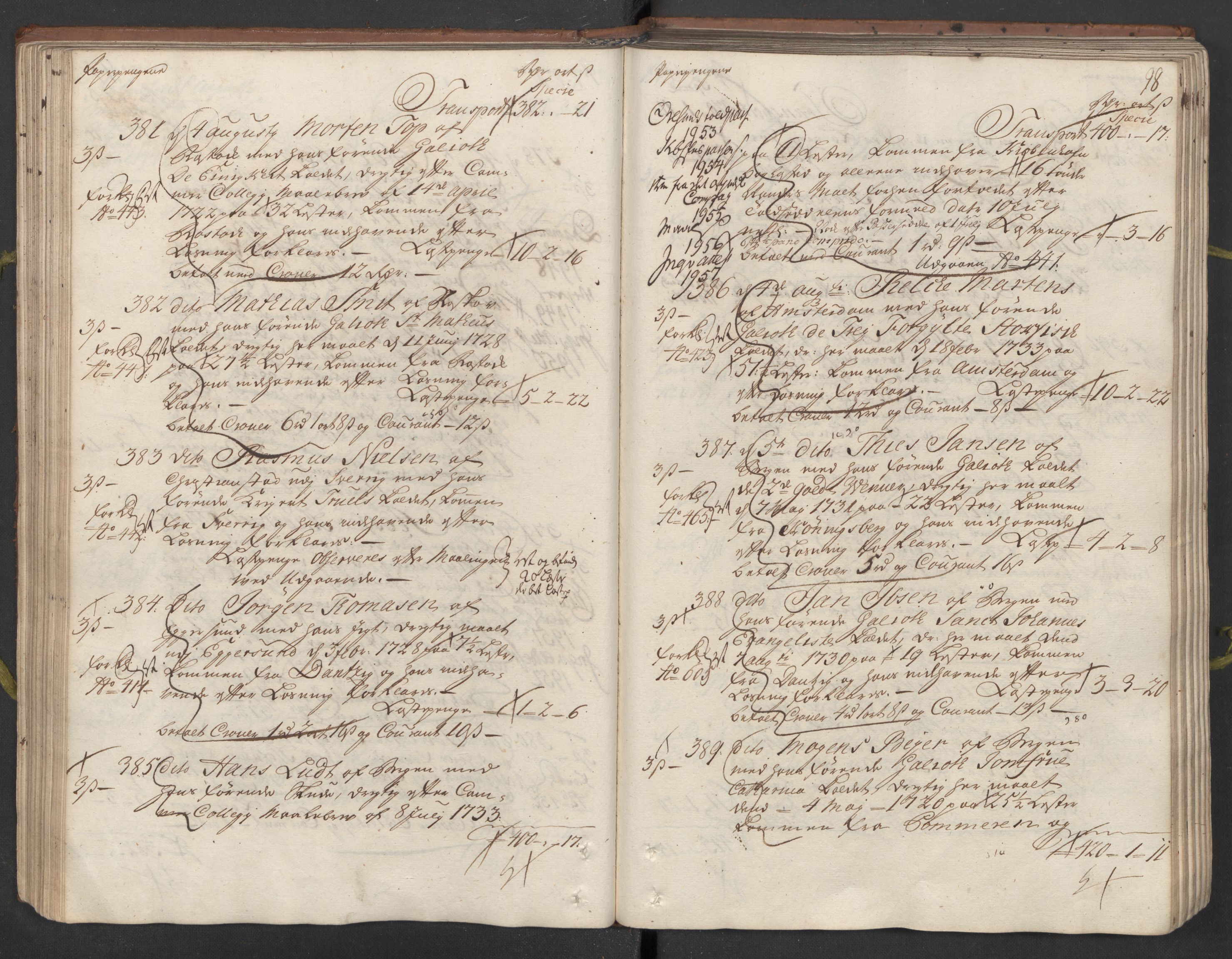 Generaltollkammeret, tollregnskaper, AV/RA-EA-5490/R26/L0023/0001: Tollregnskaper Bergen A / Inngående hovedtollbok, 1733, p. 97b-98a