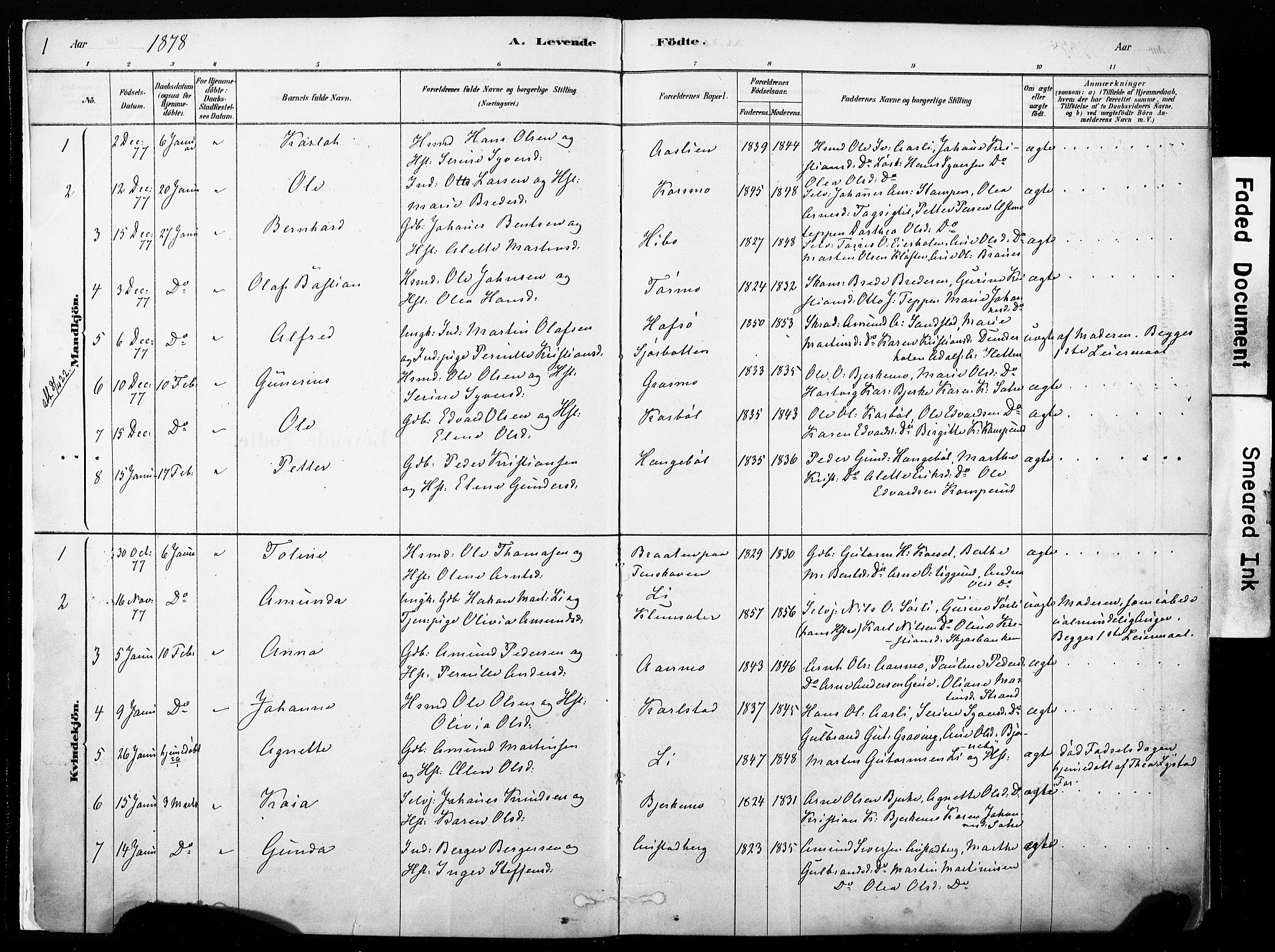 Hof prestekontor, SAH/PREST-038/H/Ha/Haa/L0010: Parish register (official) no. 10, 1878-1909, p. 1