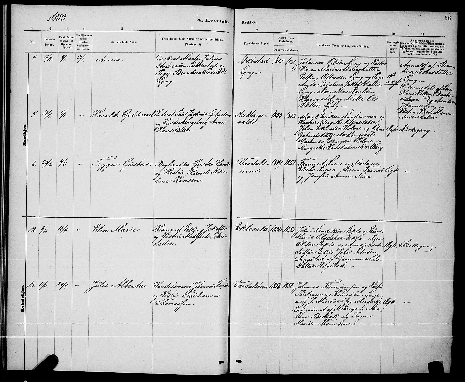 Ministerialprotokoller, klokkerbøker og fødselsregistre - Nord-Trøndelag, SAT/A-1458/723/L0256: Parish register (copy) no. 723C04, 1879-1890, p. 56