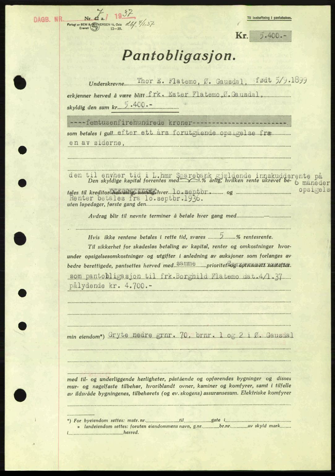 Sør-Gudbrandsdal tingrett, SAH/TING-004/H/Hb/Hbe/L0001: Mortgage book no. B1, 1936-1939, Diary no: : 7/1937