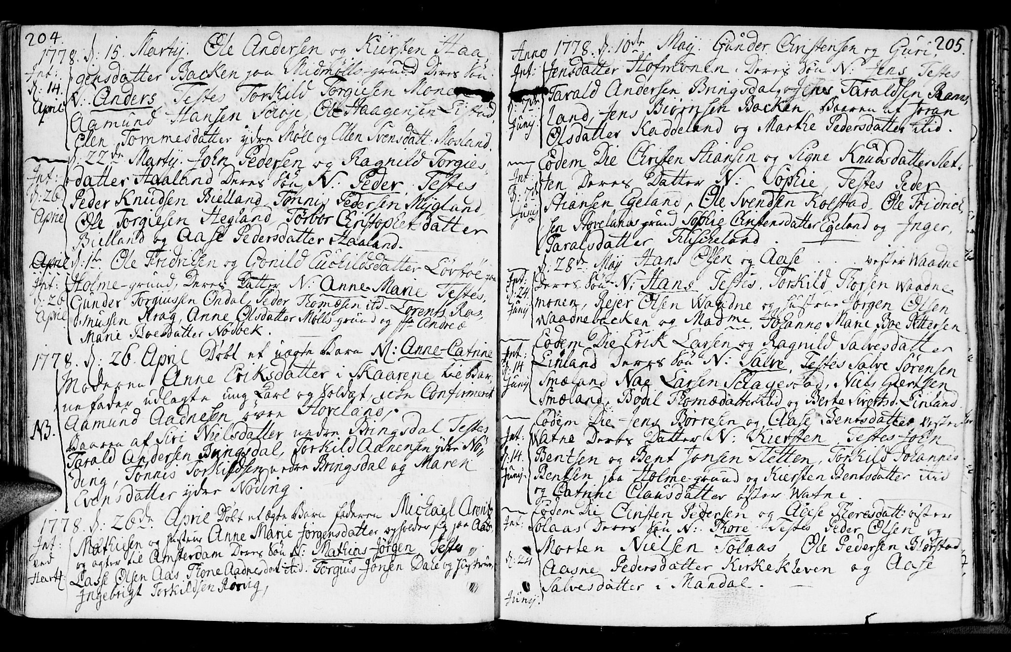 Holum sokneprestkontor, AV/SAK-1111-0022/F/Fa/Faa/L0002: Parish register (official) no. A 2, 1756-1780, p. 204-205