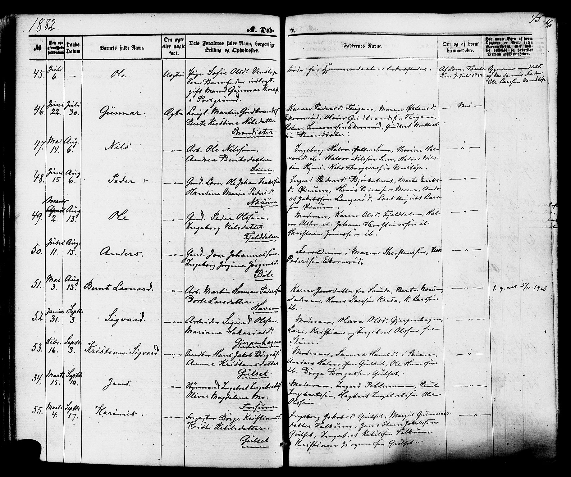 Gjerpen kirkebøker, AV/SAKO-A-265/F/Fa/L0009: Parish register (official) no. I 9, 1872-1885, p. 45