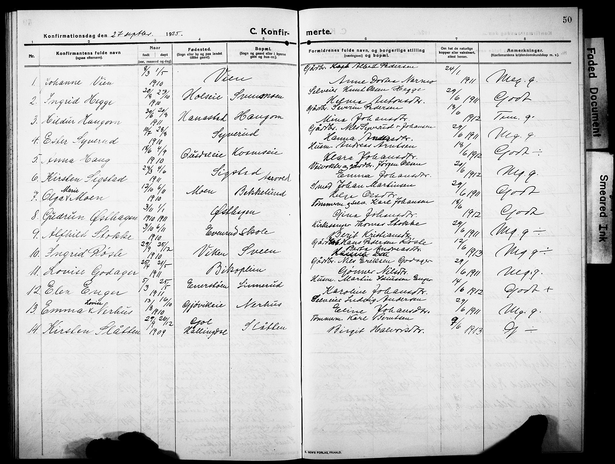 Nes prestekontor, Hedmark, SAH/PREST-020/L/La/L0008: Parish register (copy) no. 8, 1910-1932, p. 50
