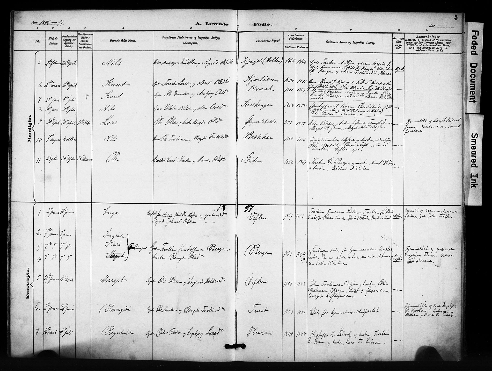 Vang prestekontor, Valdres, SAH/PREST-140/H/Hb/L0007: Parish register (copy) no. 7, 1893-1924, p. 5