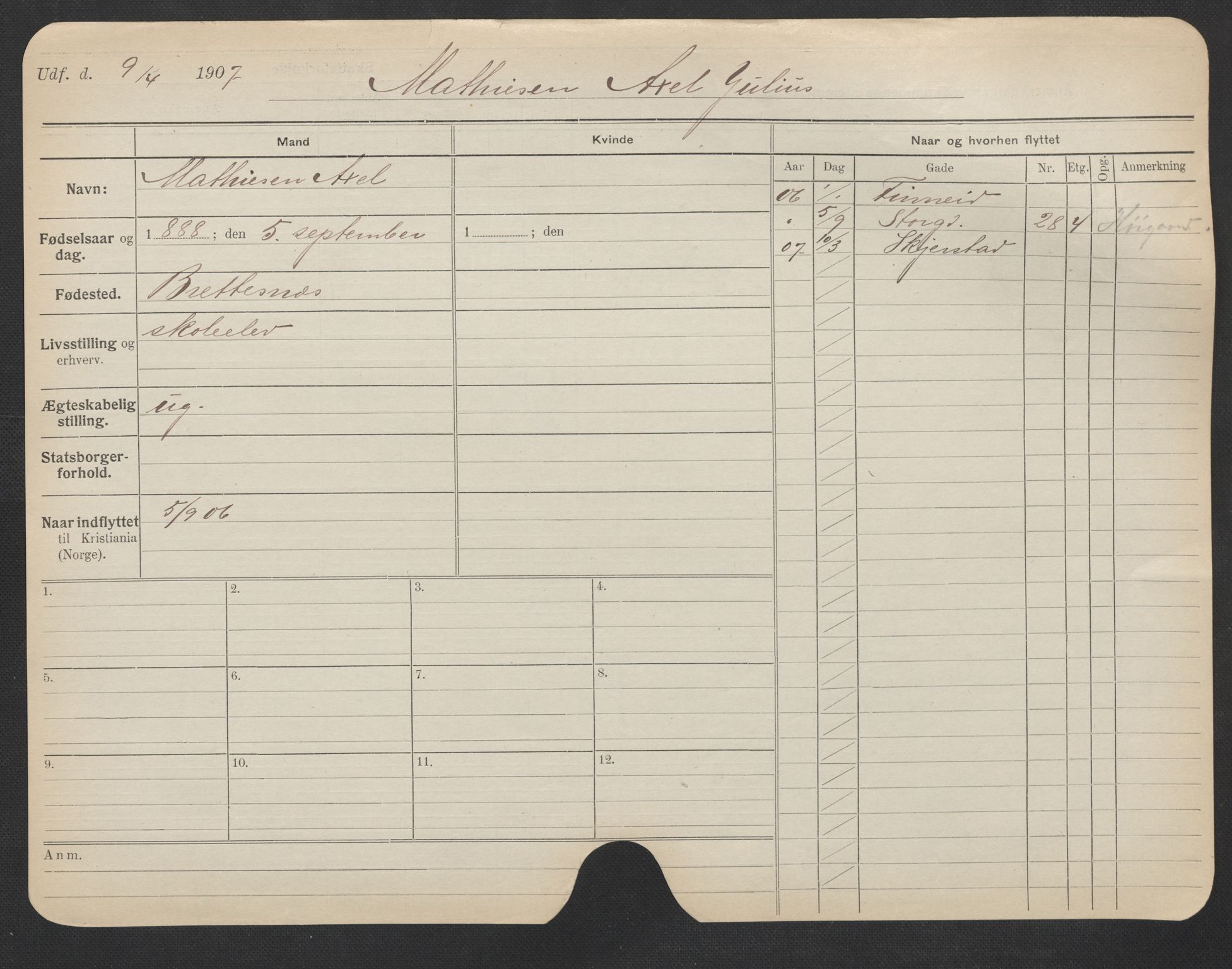 Oslo folkeregister, Registerkort, AV/SAO-A-11715/F/Fa/Fac/L0007: Menn, 1906-1914, p. 624a