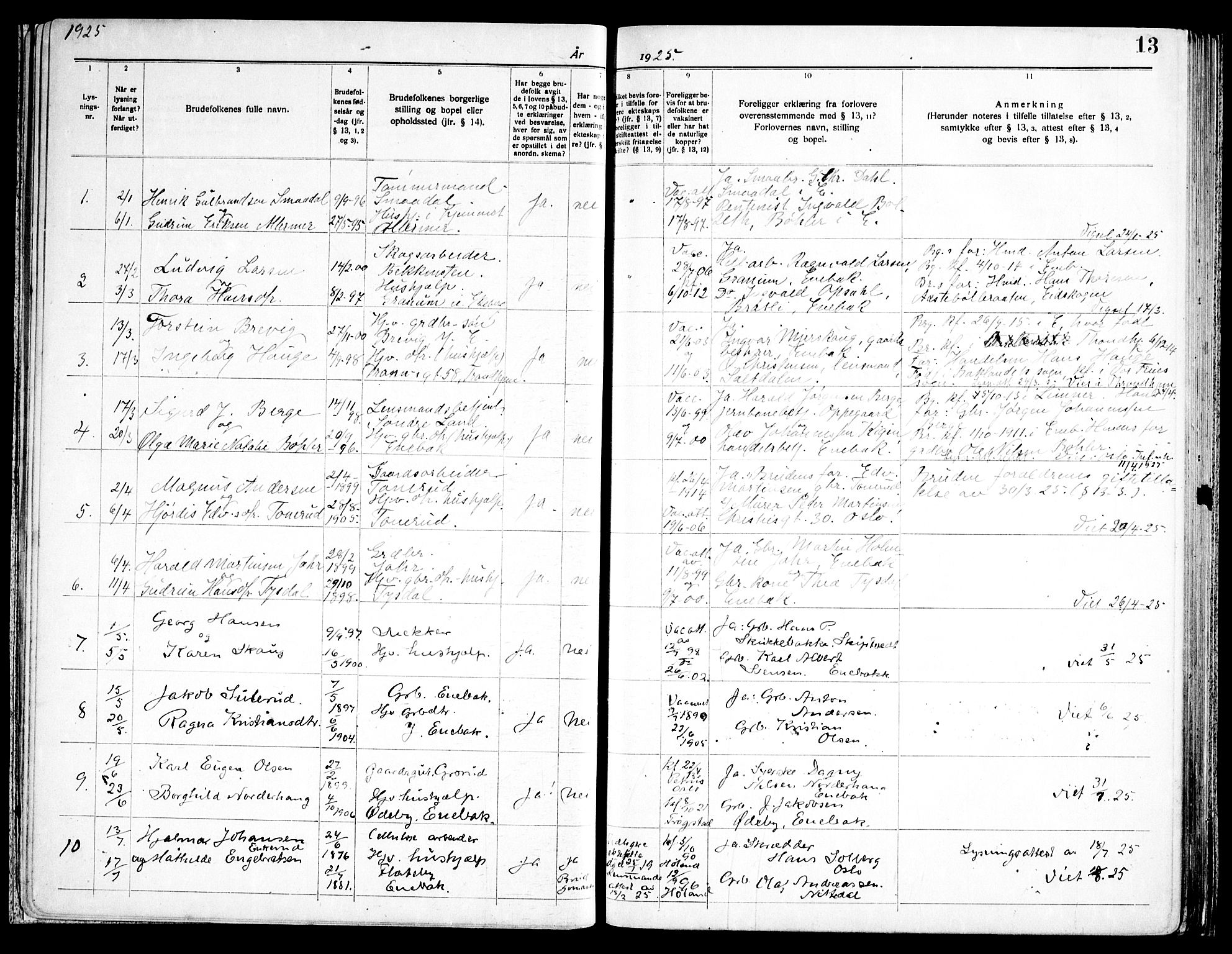 Enebakk prestekontor Kirkebøker, SAO/A-10171c/H/Ha/L0001: Banns register no. 1, 1919-1958, p. 13