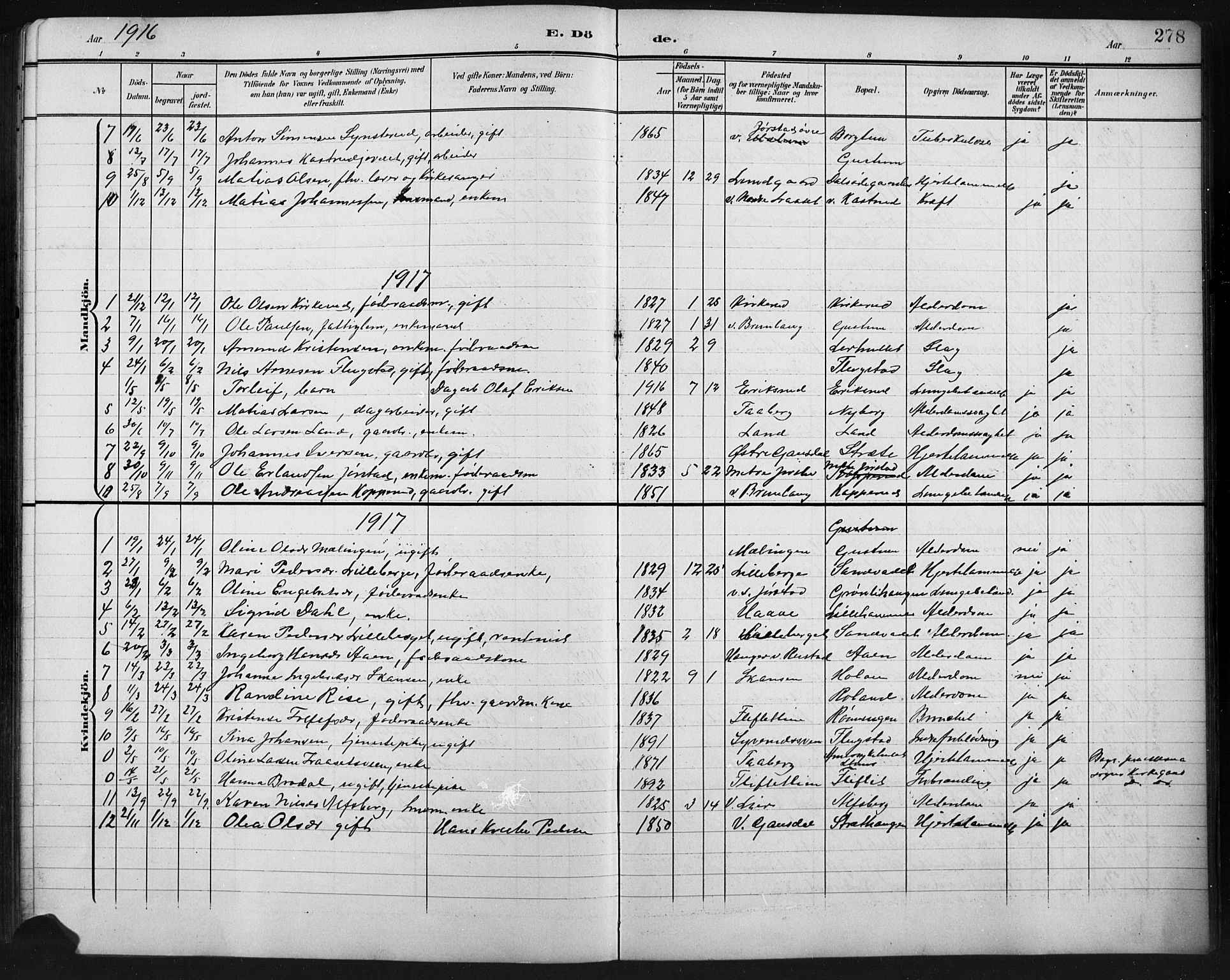 Fåberg prestekontor, SAH/PREST-086/H/Ha/Hab/L0011: Parish register (copy) no. 11, 1901-1921, p. 278