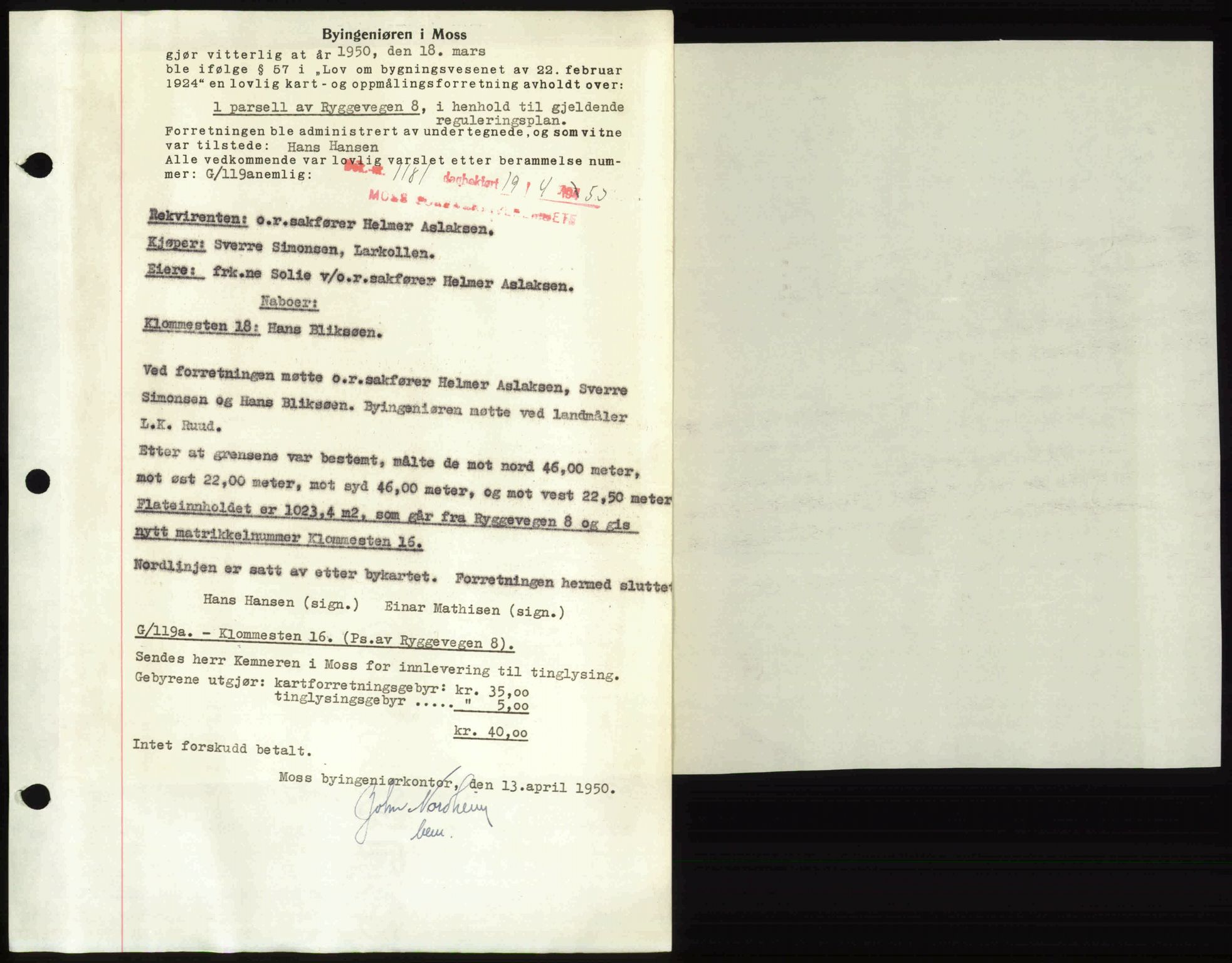 Moss sorenskriveri, SAO/A-10168: Mortgage book no. A25, 1950-1950, Diary no: : 1181/1950