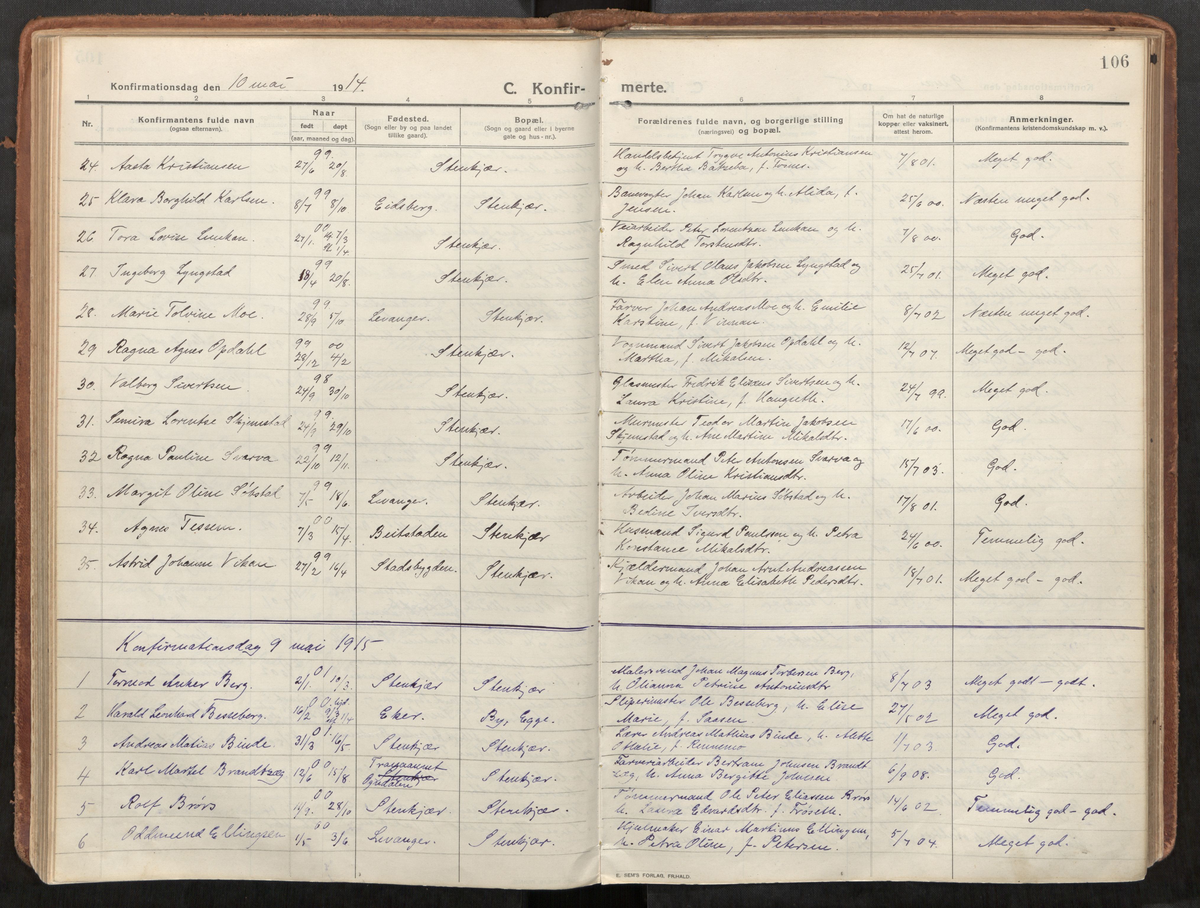 Steinkjer sokneprestkontor, AV/SAT-A-1541/01/H/Ha/Haa/L0003: Parish register (official) no. 3, 1913-1922, p. 106