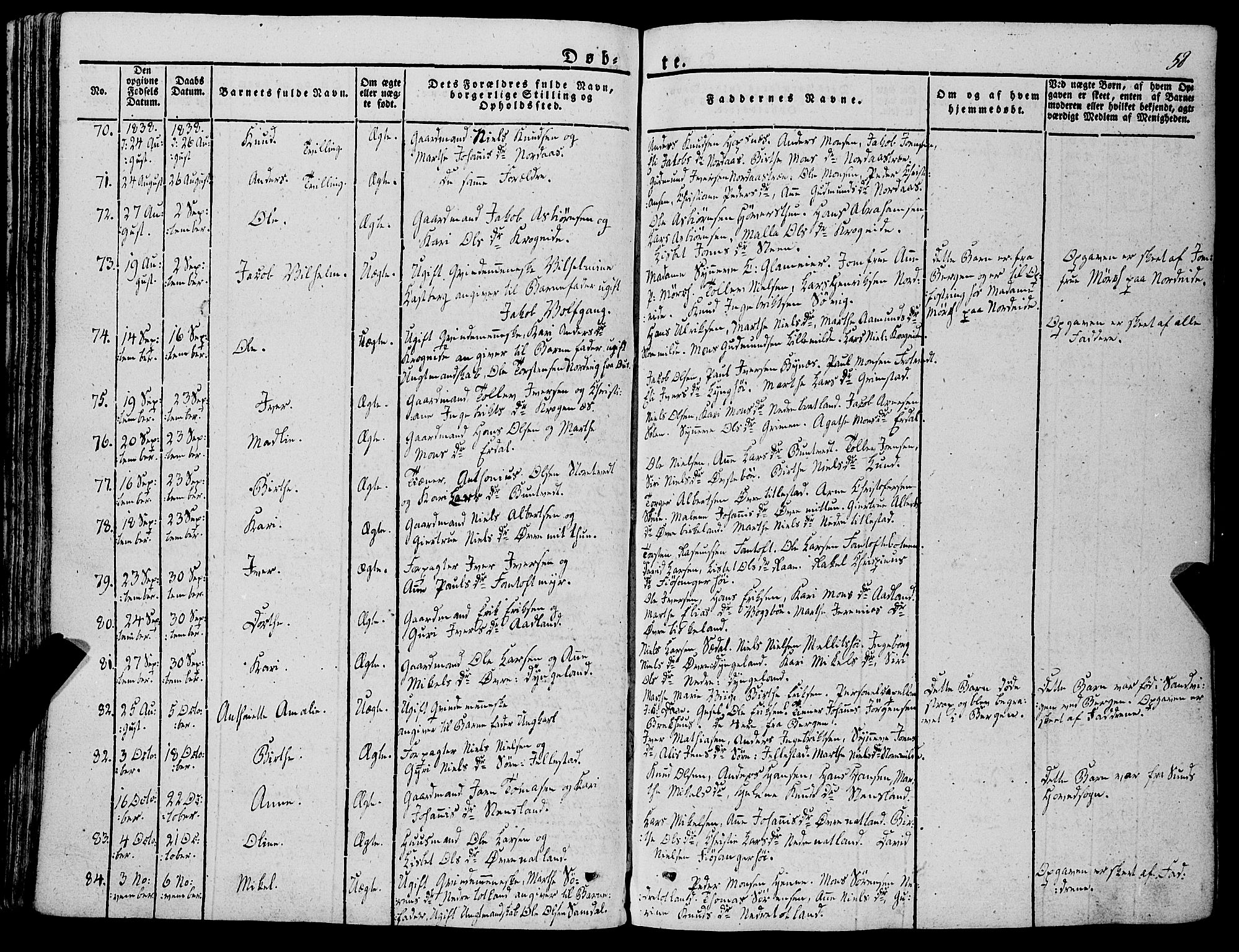 Fana Sokneprestembete, AV/SAB-A-75101/H/Haa/Haaa/L0008: Parish register (official) no. A 8, 1829-1851, p. 58