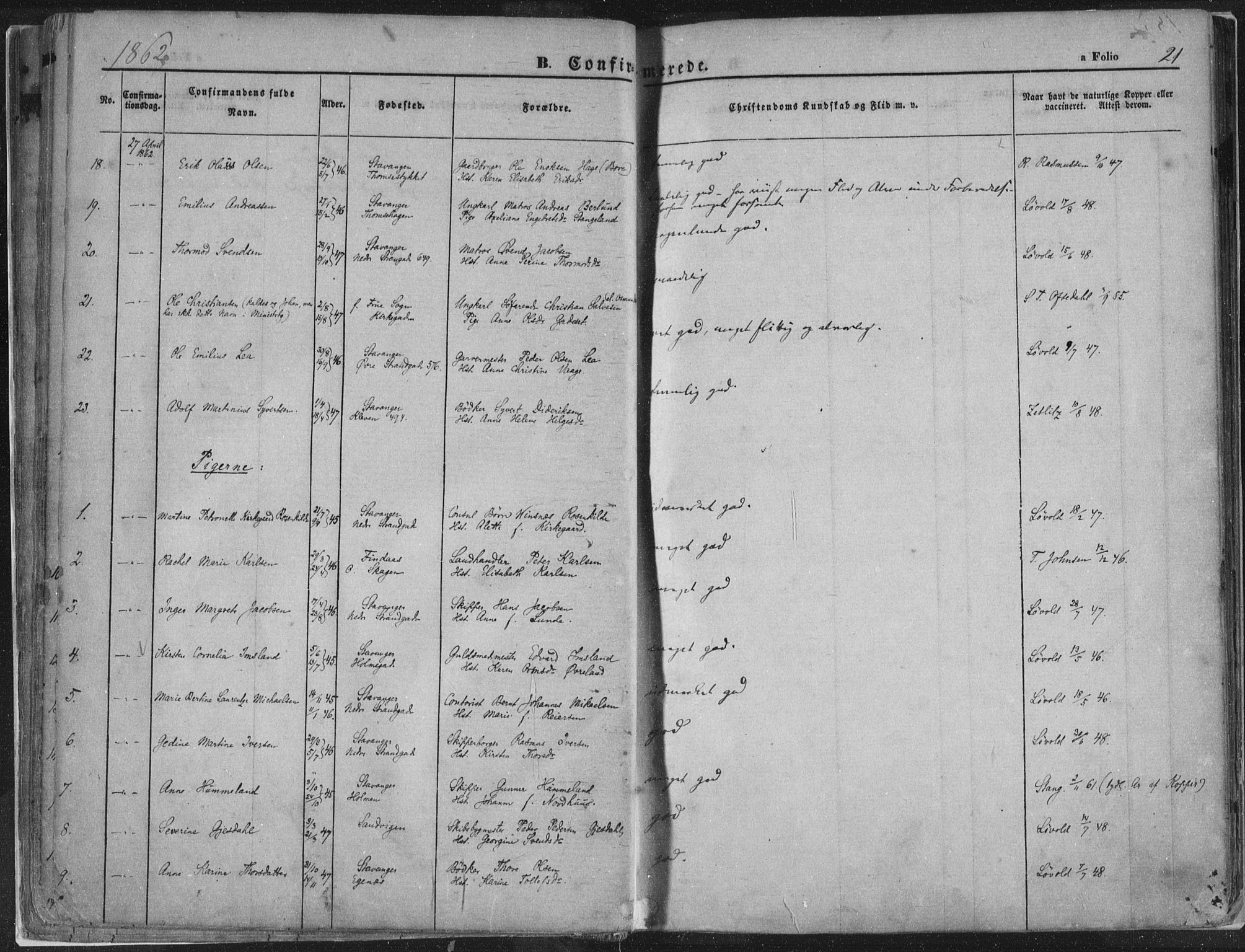 Domkirken sokneprestkontor, SAST/A-101812/001/30/30BA/L0018: Parish register (official) no. A 17, 1857-1877, p. 21