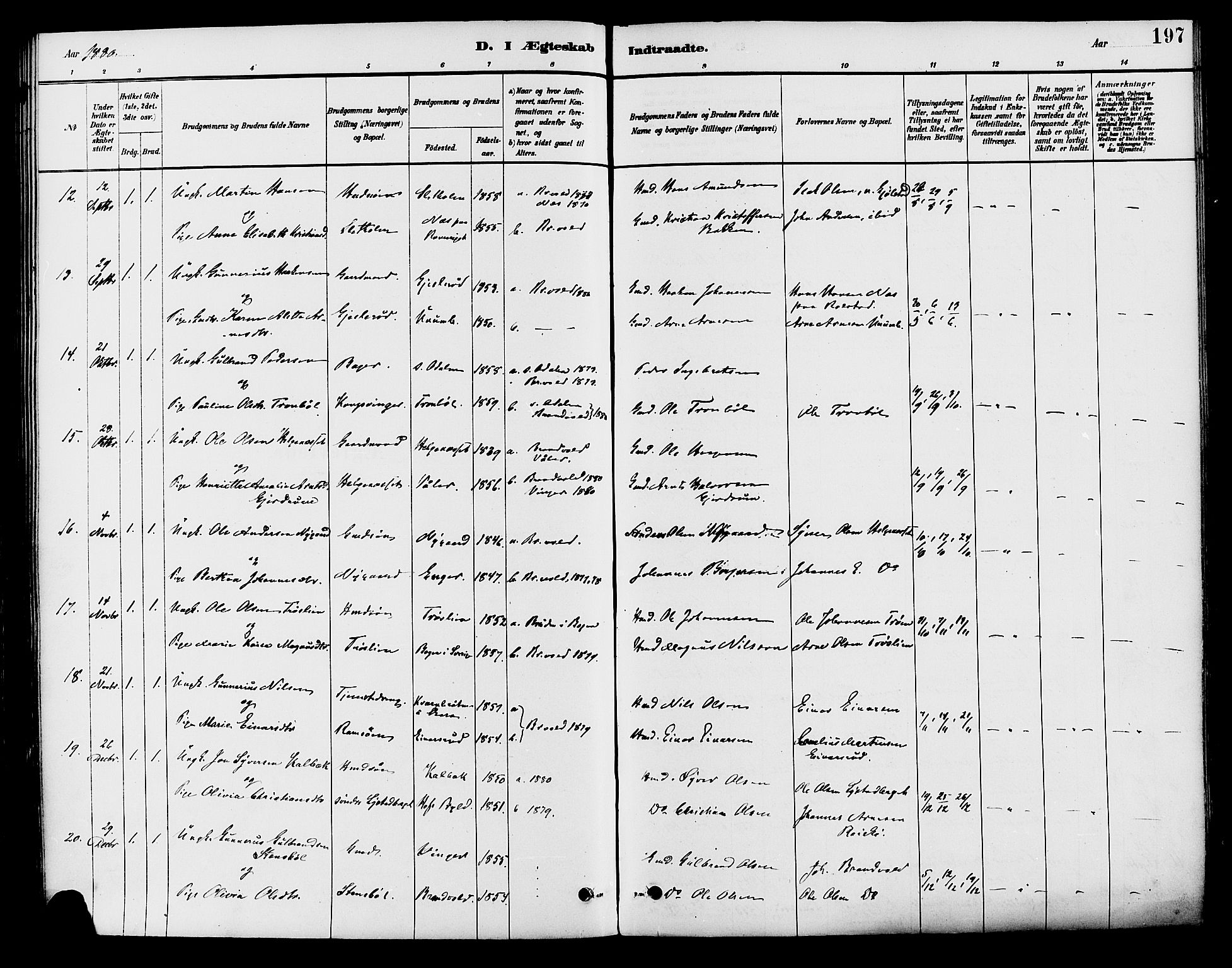 Brandval prestekontor, SAH/PREST-034/H/Ha/Haa/L0002: Parish register (official) no. 2, 1880-1894, p. 197