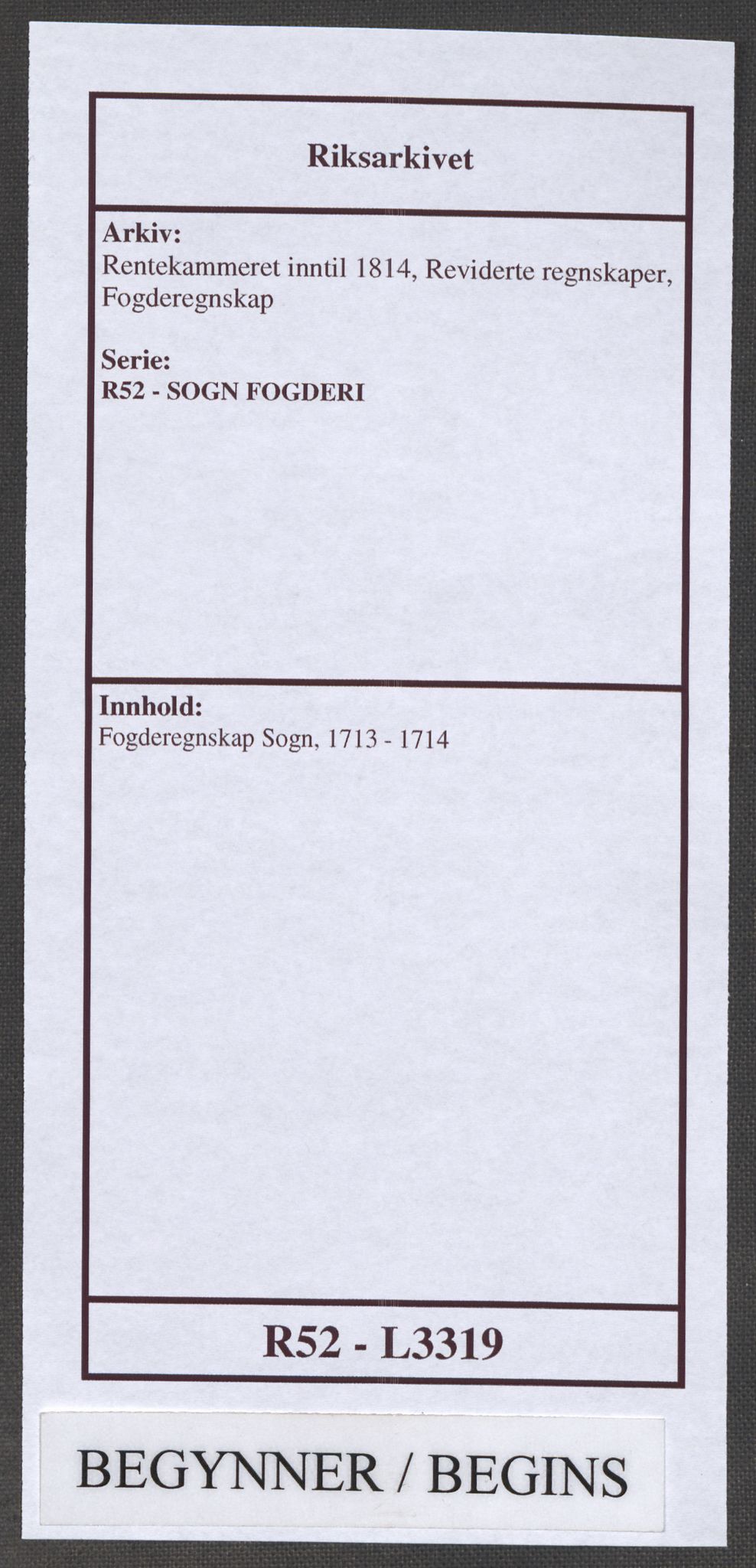 Rentekammeret inntil 1814, Reviderte regnskaper, Fogderegnskap, RA/EA-4092/R52/L3319: Fogderegnskap Sogn, 1713-1714, p. 1
