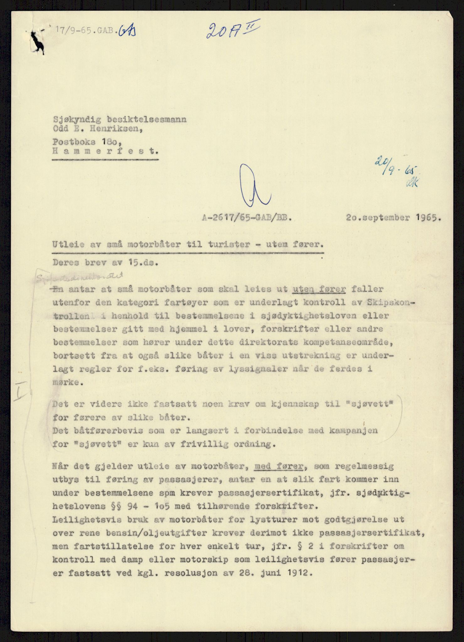 Sjøfartsdirektoratet med forløpere, generelt arkiv, AV/RA-S-1407/D/Du/Duc/L0641/0004: Skipskontrollen - Forskrifter    / Utleiebåter (2 mapper), 1977-1989, p. 283