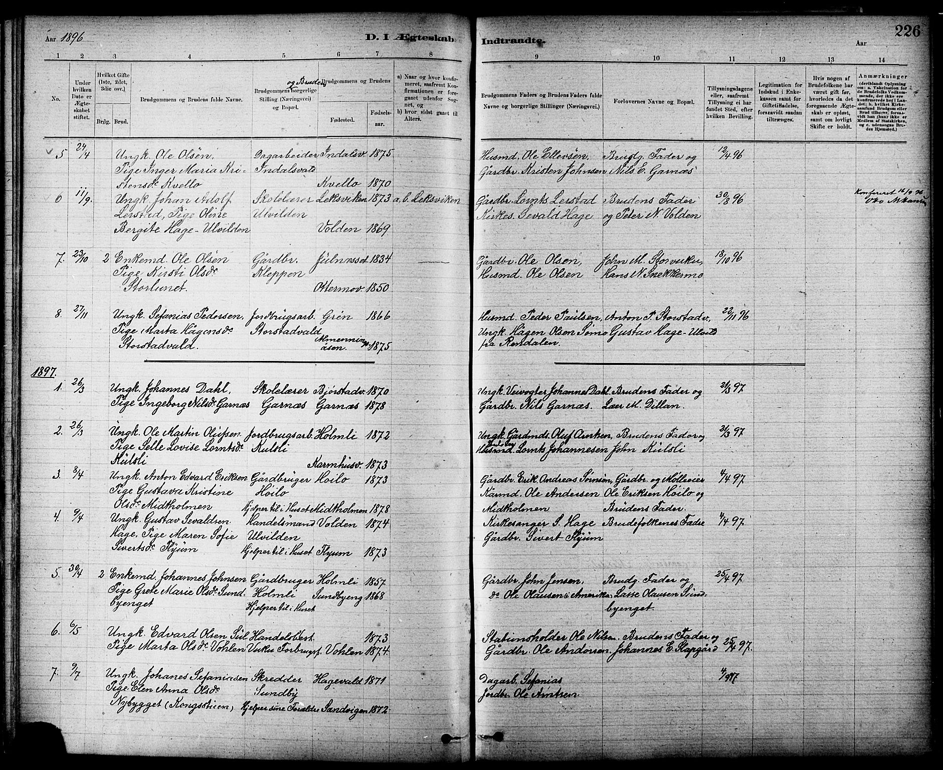 Ministerialprotokoller, klokkerbøker og fødselsregistre - Nord-Trøndelag, SAT/A-1458/724/L0267: Parish register (copy) no. 724C03, 1879-1898, p. 226