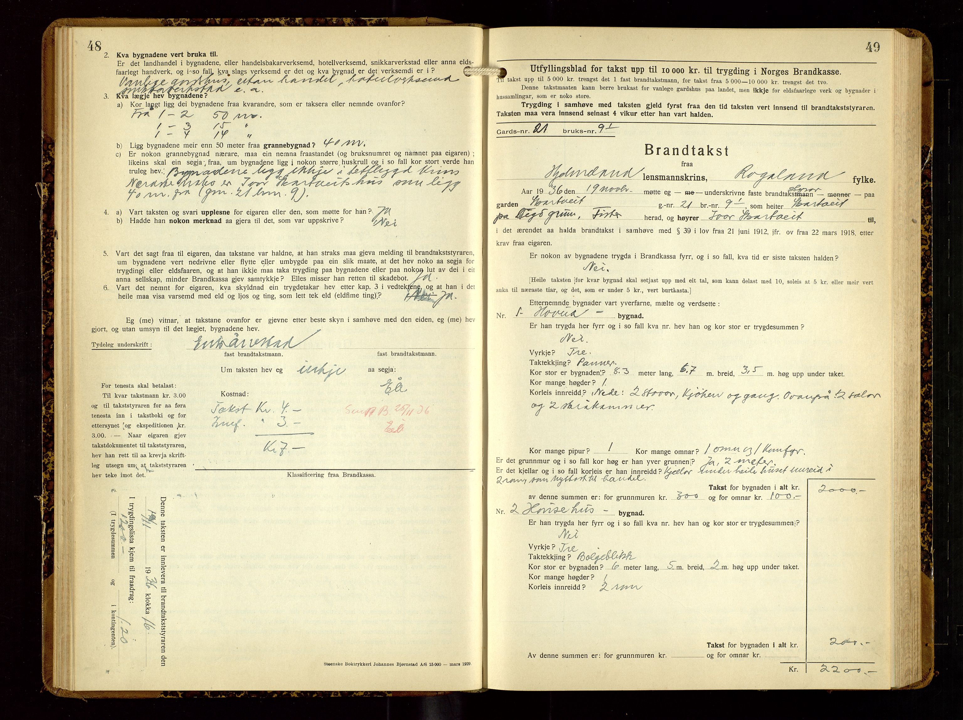 Hjelmeland lensmannskontor, SAST/A-100439/Gob/L0003: "Brandtakstbok", 1932-1950, p. 48-49