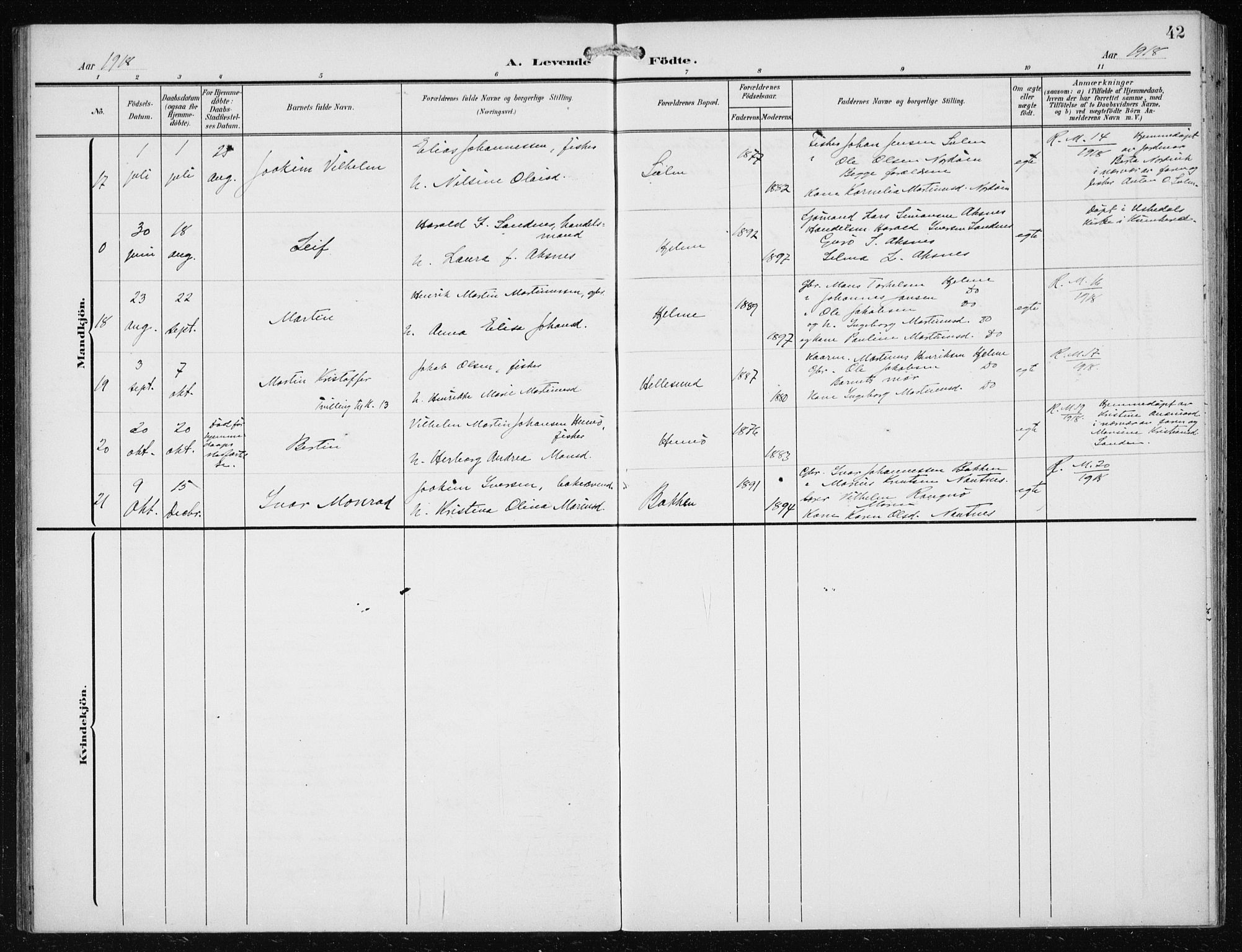 Herdla Sokneprestembete, AV/SAB-A-75701/H/Haa: Parish register (official) no. B 1, 1902-1921, p. 42