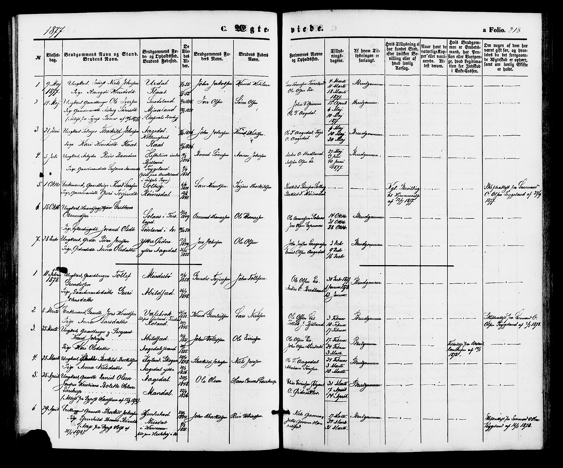 Bjelland sokneprestkontor, SAK/1111-0005/F/Fa/Faa/L0003: Parish register (official) no. A 3, 1867-1887, p. 218