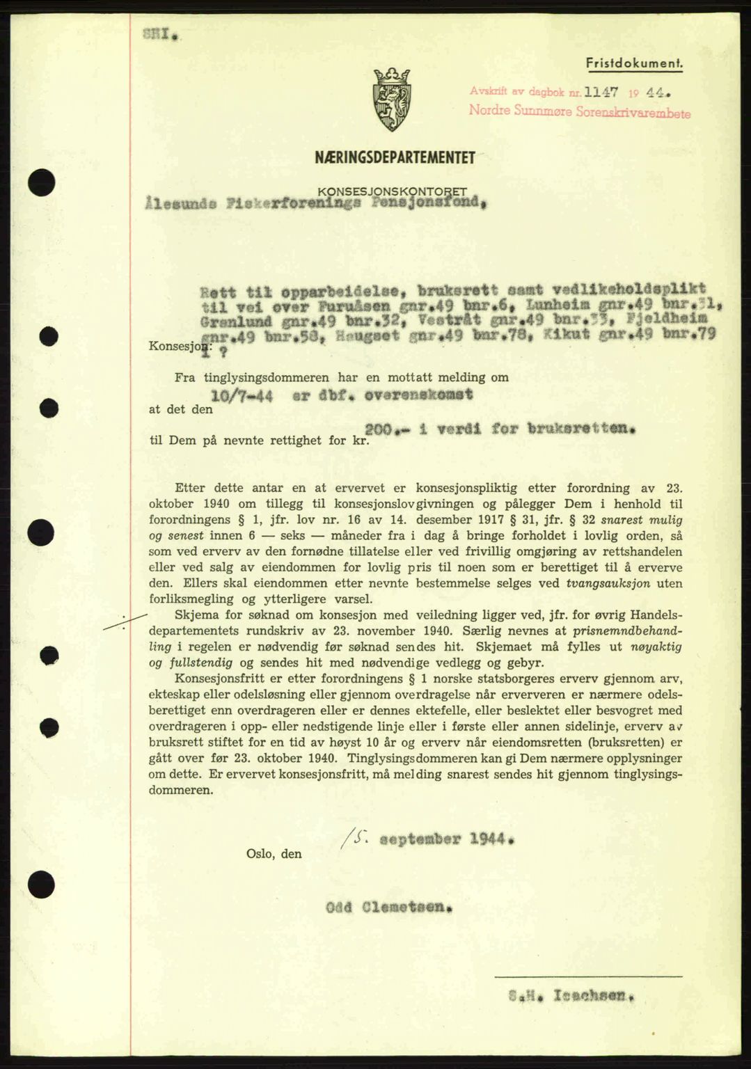 Nordre Sunnmøre sorenskriveri, SAT/A-0006/1/2/2C/2Ca: Mortgage book no. B6-14 a, 1942-1945, Diary no: : 1147/1944