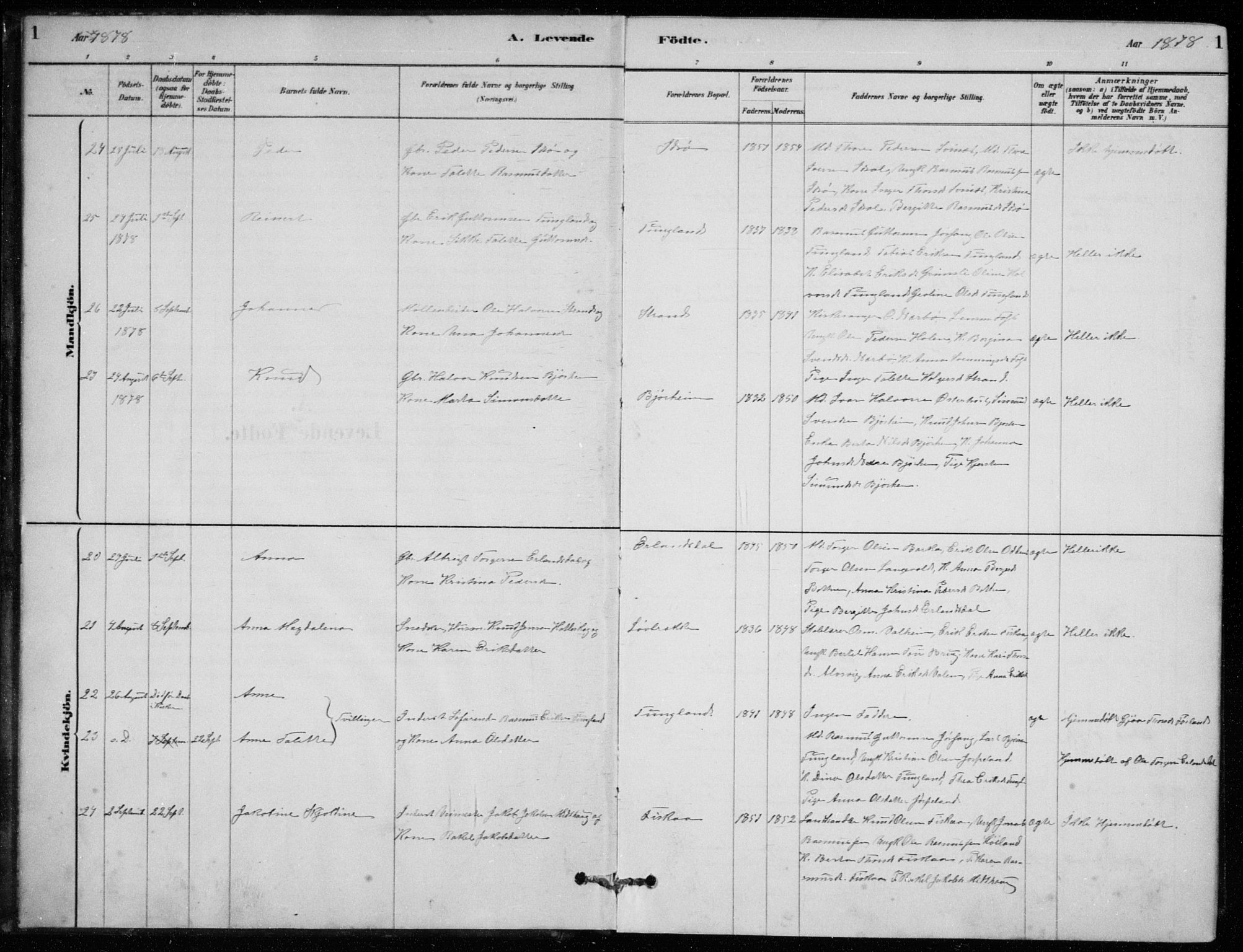 Strand sokneprestkontor, SAST/A-101828/H/Ha/Hab/L0004: Parish register (copy) no. B 4, 1878-1903, p. 1