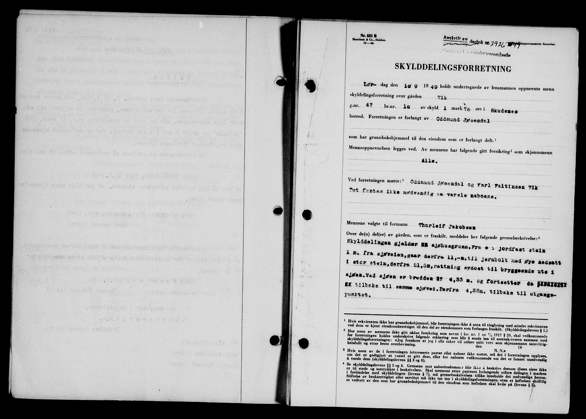 Karmsund sorenskriveri, SAST/A-100311/01/II/IIB/L0098: Mortgage book no. 78A, 1949-1950, Diary no: : 2926/1949