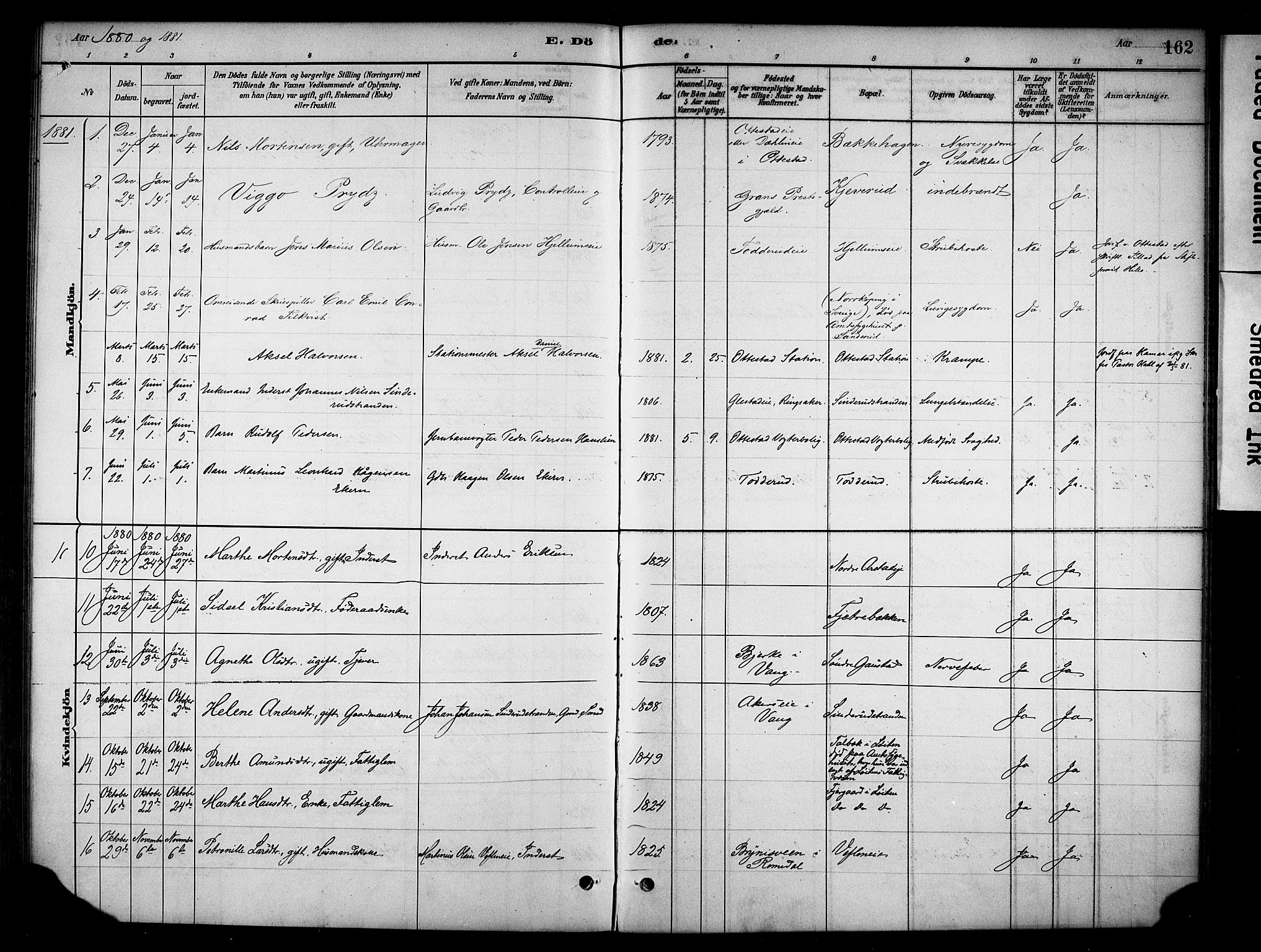 Stange prestekontor, AV/SAH-PREST-002/K/L0019: Parish register (official) no. 19, 1880-1891, p. 162