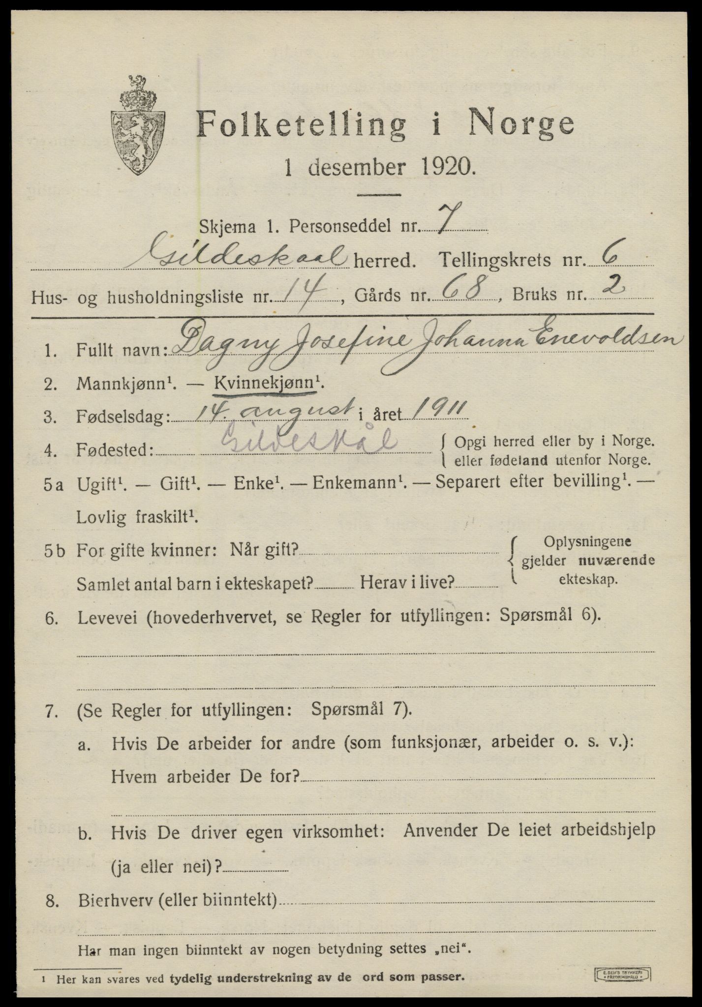 SAT, 1920 census for Gildeskål, 1920, p. 4998