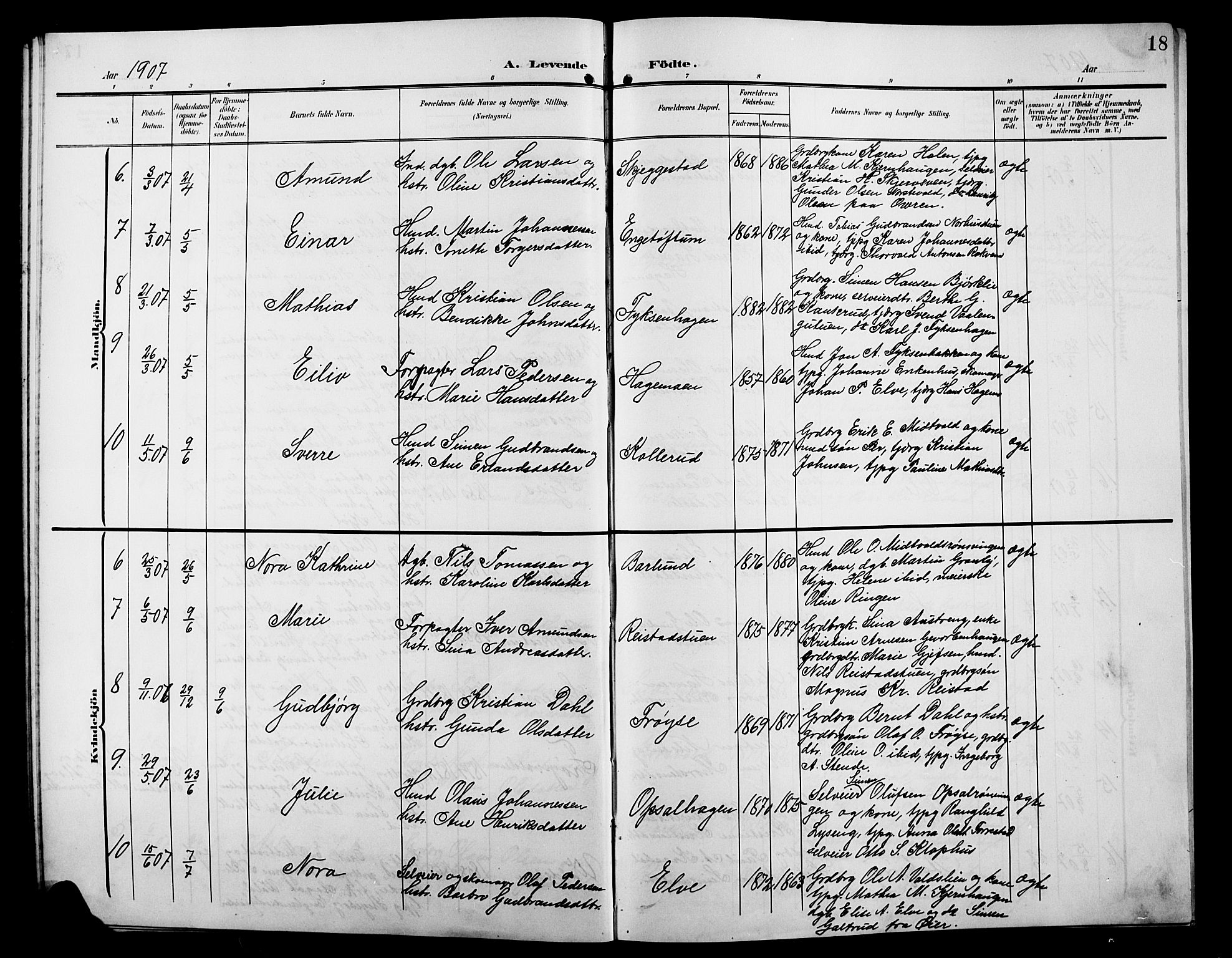 Østre Gausdal prestekontor, AV/SAH-PREST-092/H/Ha/Hab/L0004: Parish register (copy) no. 4, 1905-1923, p. 18