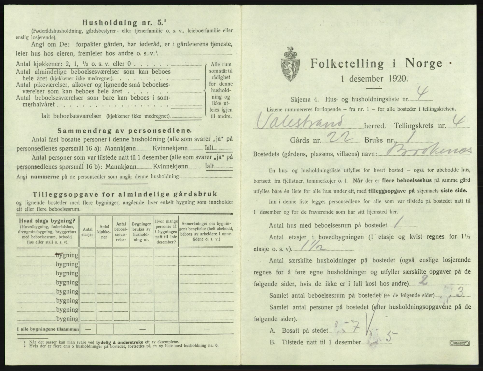 SAB, 1920 census for Valestrand, 1920, p. 249