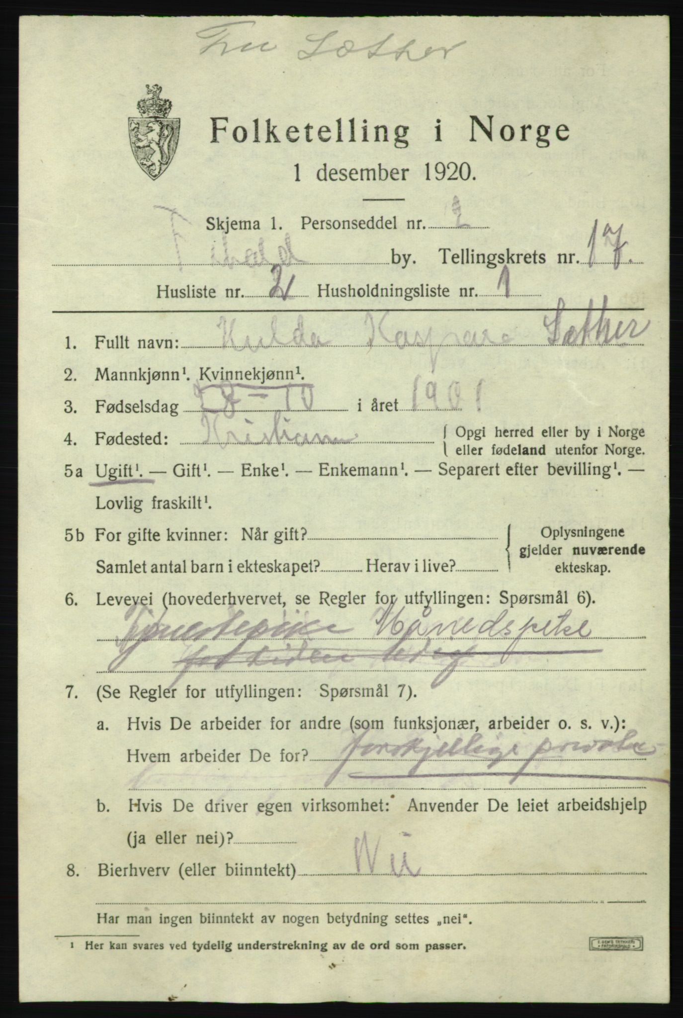 SAO, 1920 census for Fredrikshald, 1920, p. 25774