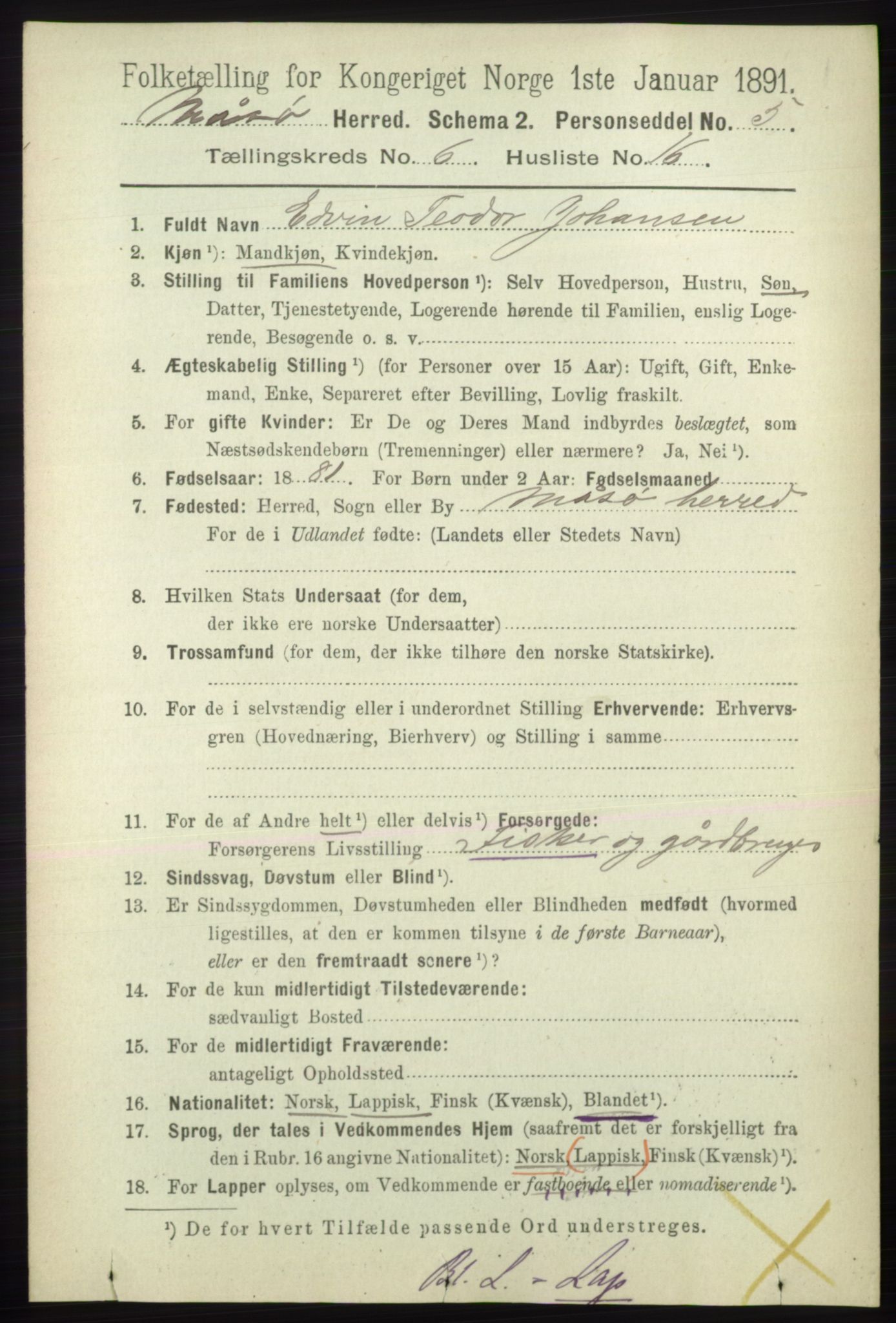 RA, 1891 census for 2018 Måsøy, 1891, p. 1222