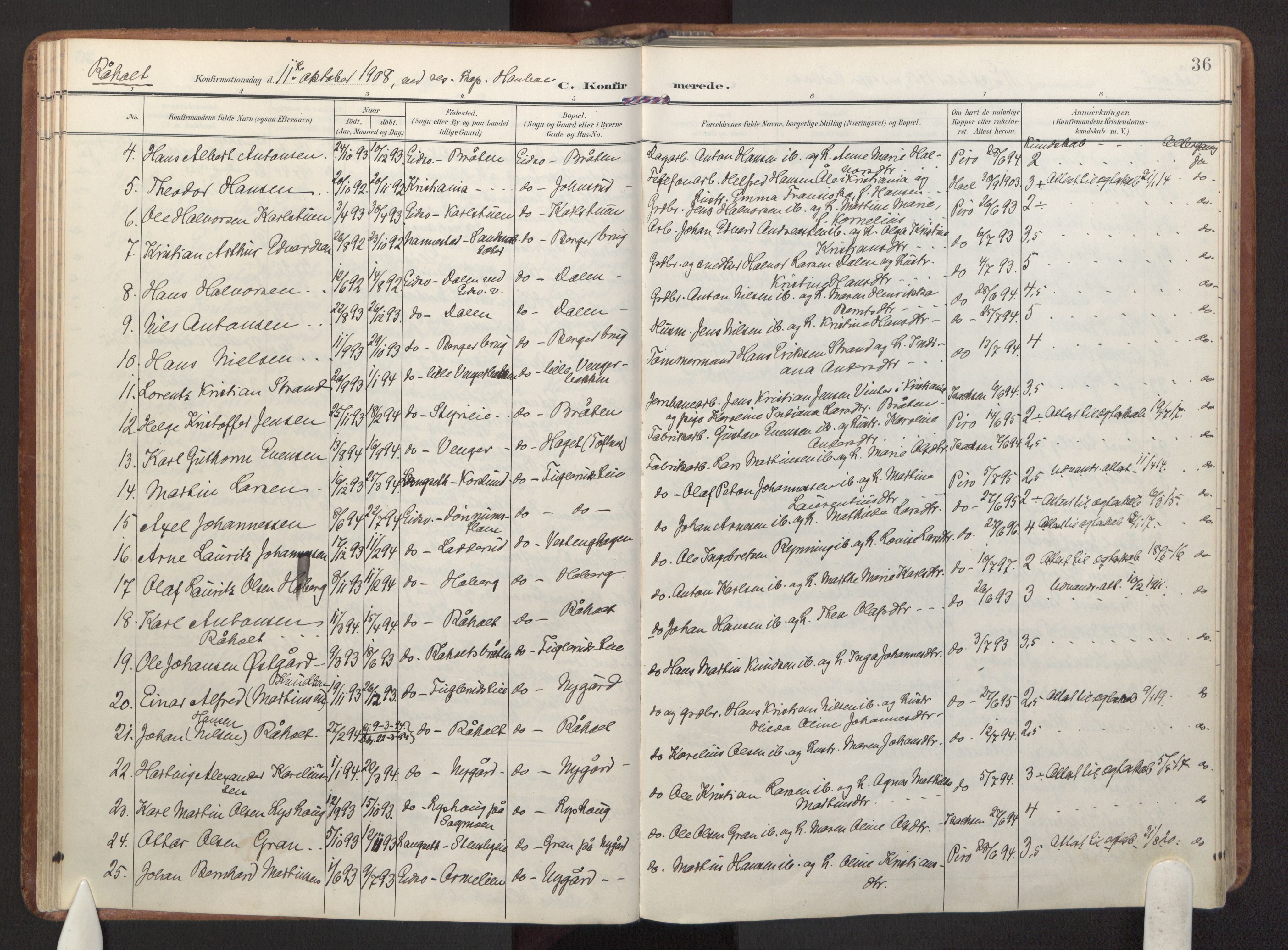Eidsvoll prestekontor Kirkebøker, AV/SAO-A-10888/F/Fa/L0007: Parish register (official) no. I 7, 1905-1920, p. 36