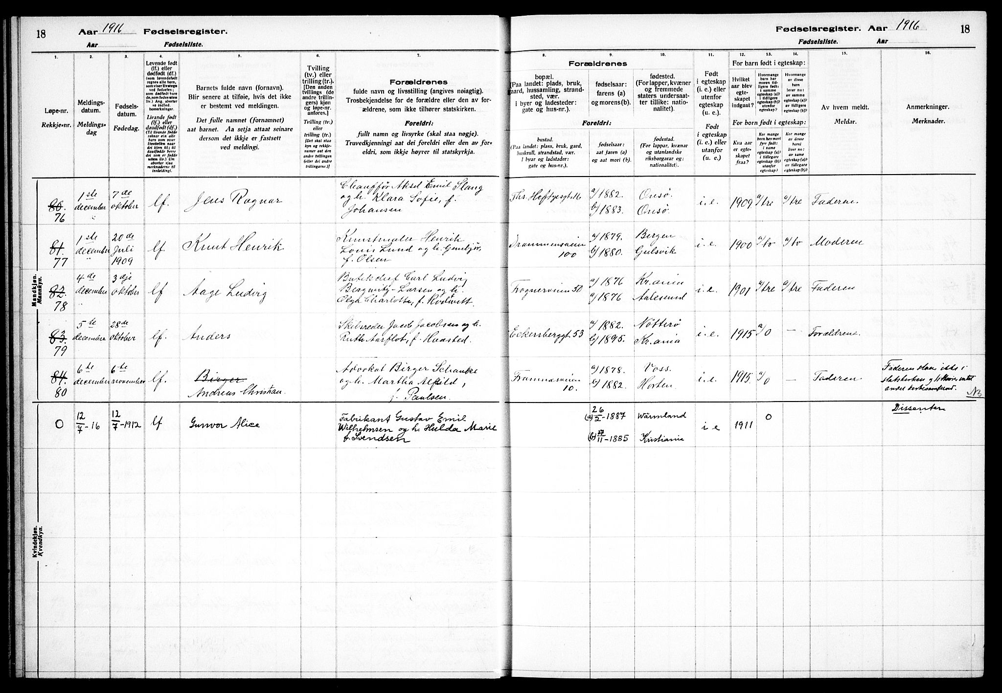 Frogner prestekontor Kirkebøker, AV/SAO-A-10886/J/Ja/L0001: Birth register no. 1, 1916-1927, p. 18