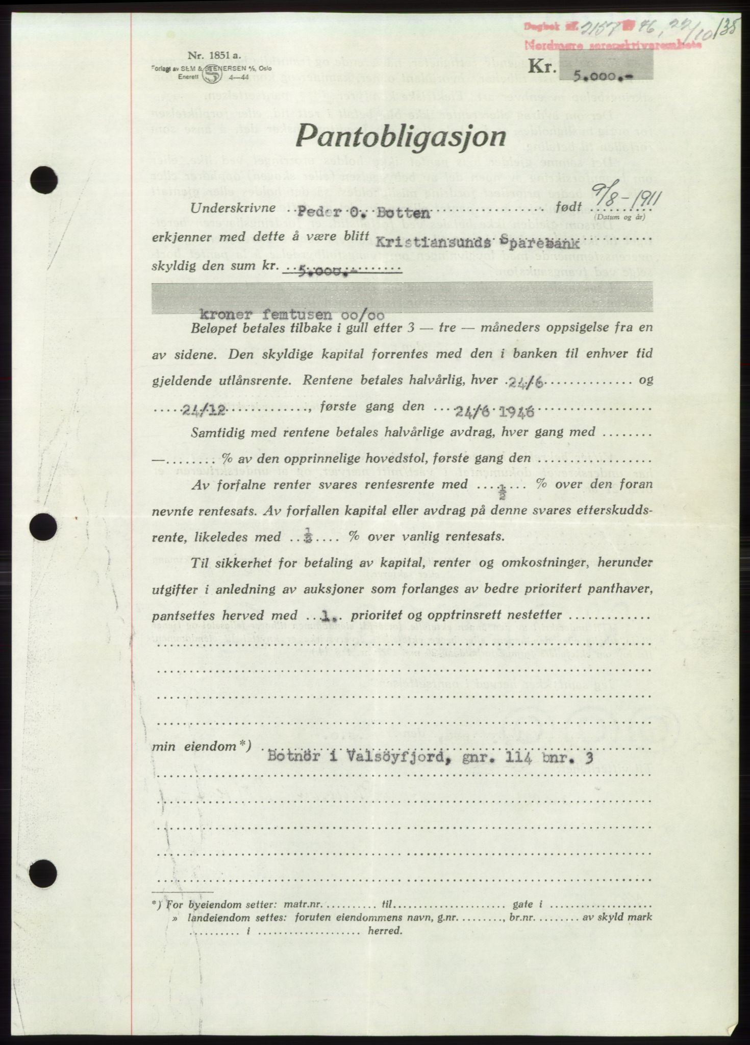 Nordmøre sorenskriveri, AV/SAT-A-4132/1/2/2Ca: Mortgage book no. B95, 1946-1947, Diary no: : 2157/1946